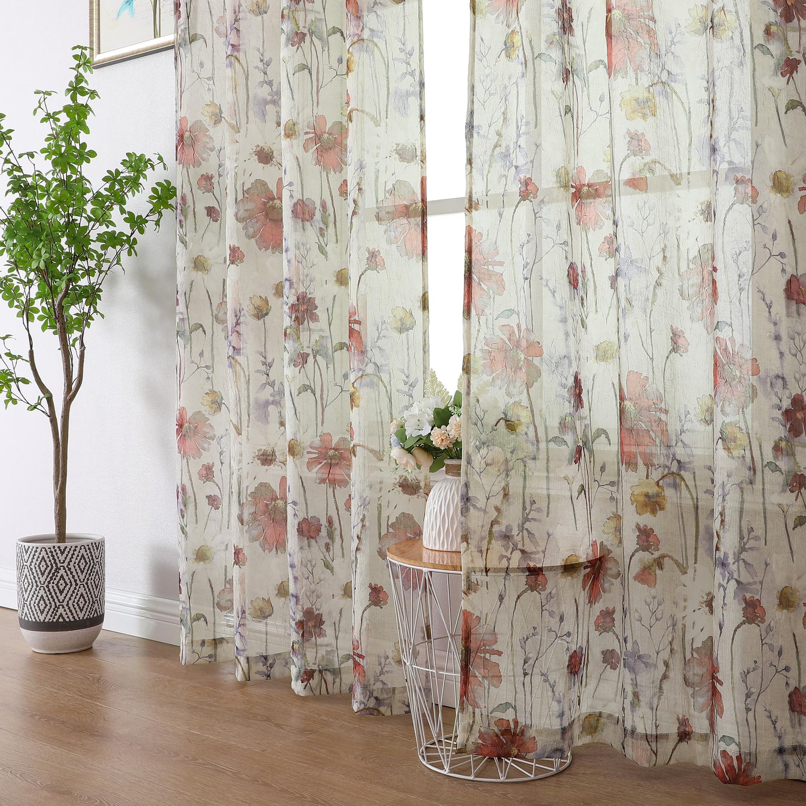 OWENIE Crushed Semi Sheer Curtains 72 Inches Length 2 Panels, Floral Pattern Des