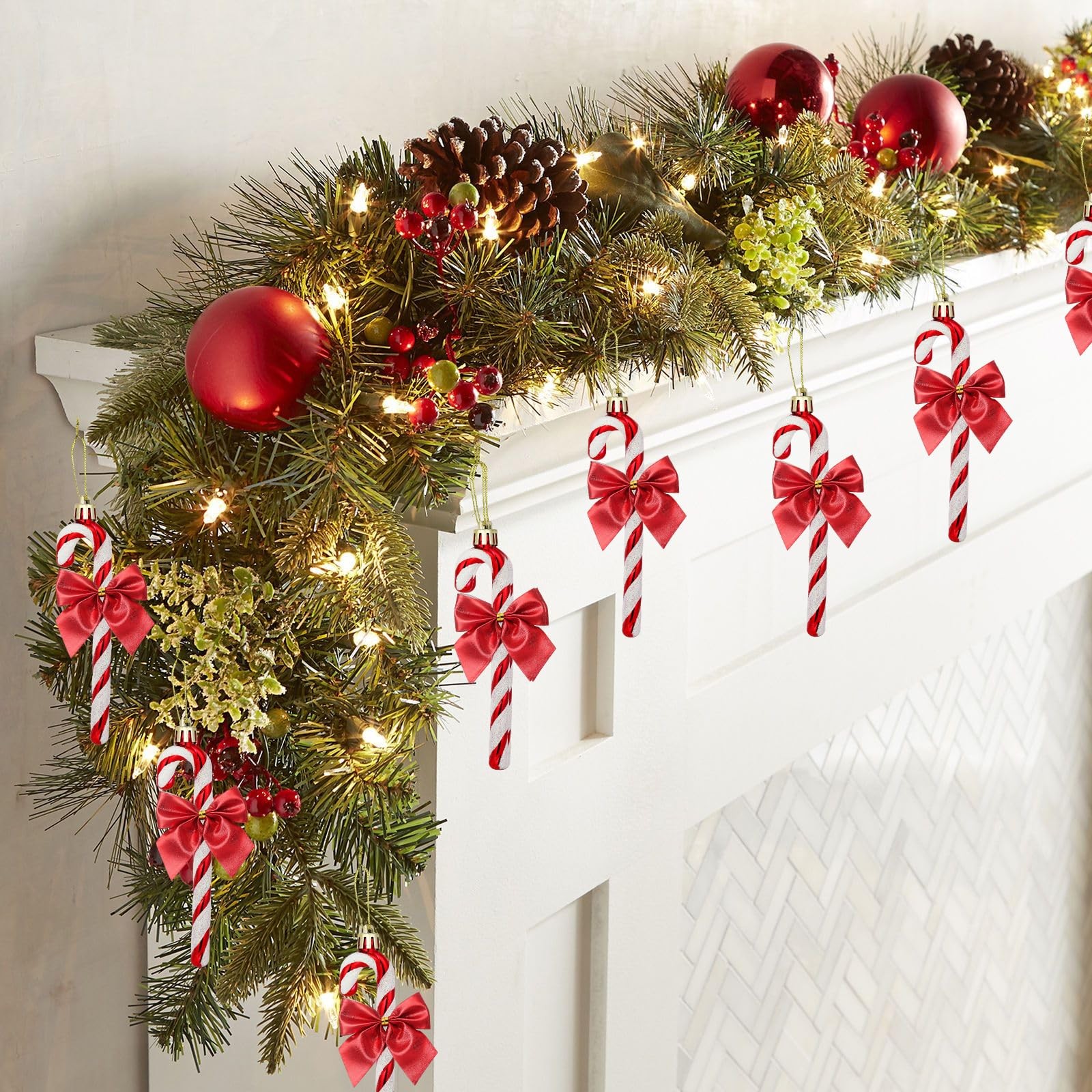 12 PCS Candy Cane Christmas Tree Decorations Ornaments Glitter Bows Red Decor