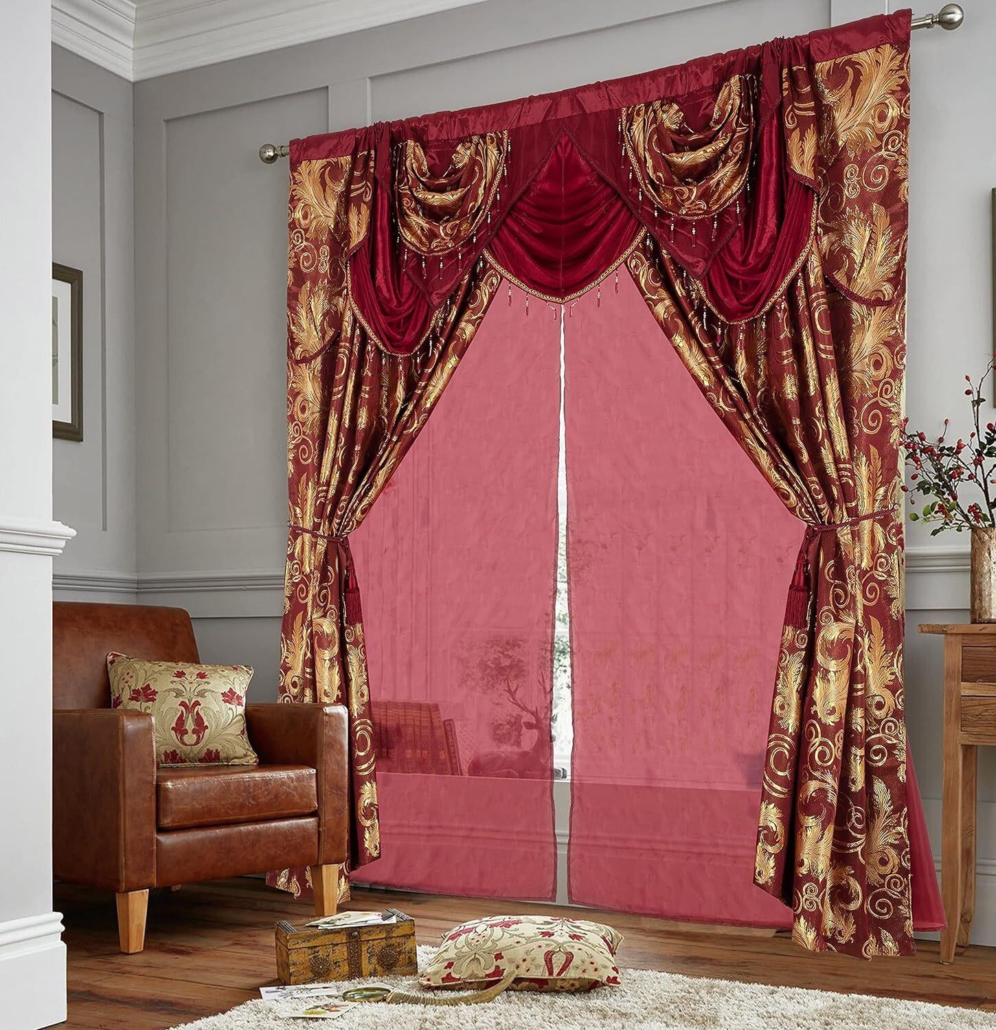 Window Curtain for Living Room Burgundy Red Gold Luxury 2 Panel Curtains 84Lx55W