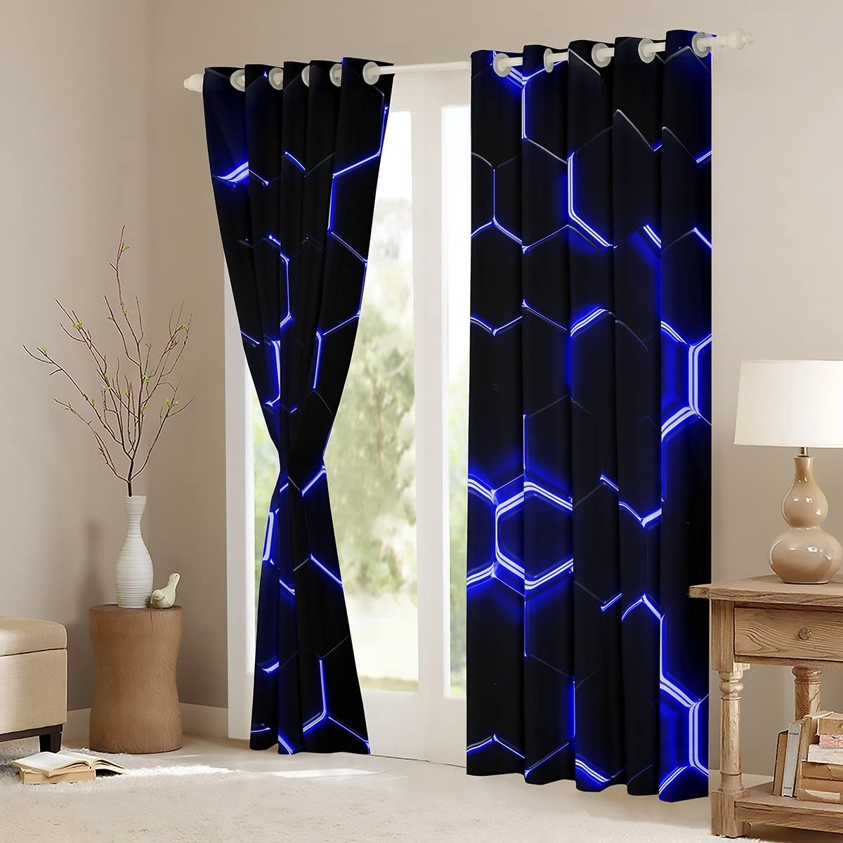 Feelyou Blue And Black Print Curtains Hexagonal Window Curtains For Bedroom