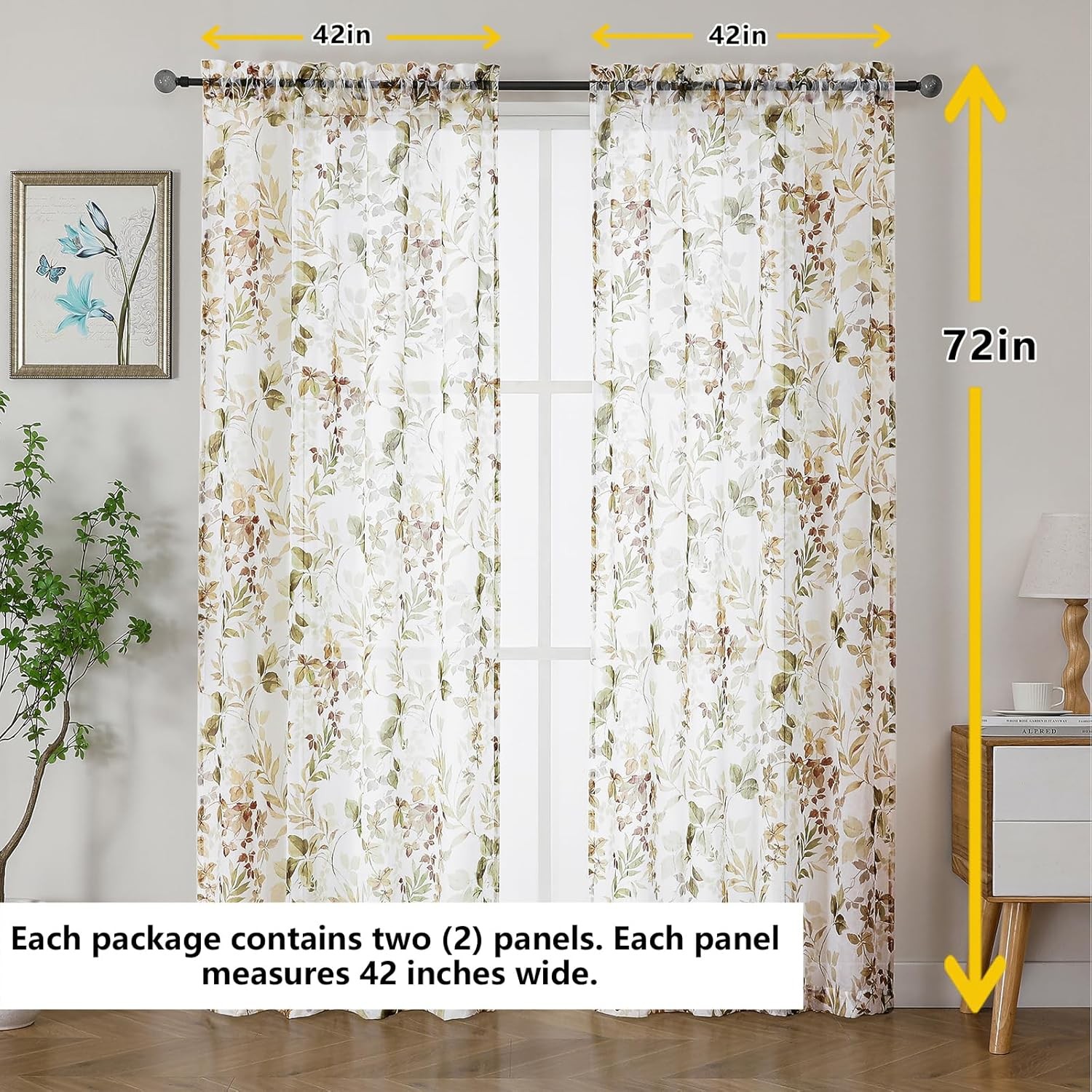 Crushed Semi Sheer Curtains 72 Inch Length 2 Panels Set, Printing Floral Pattern