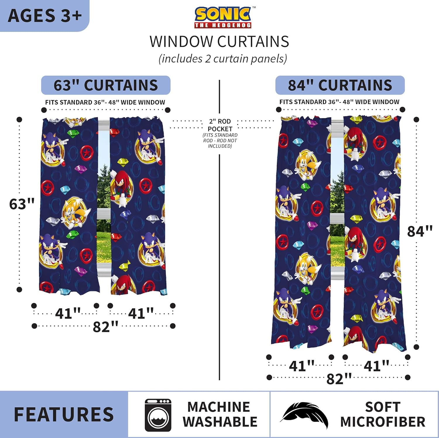 Sonic the Hedgehog Kids Window Curtains, 84 Inch Length 2-Panel Set, Semi Light
