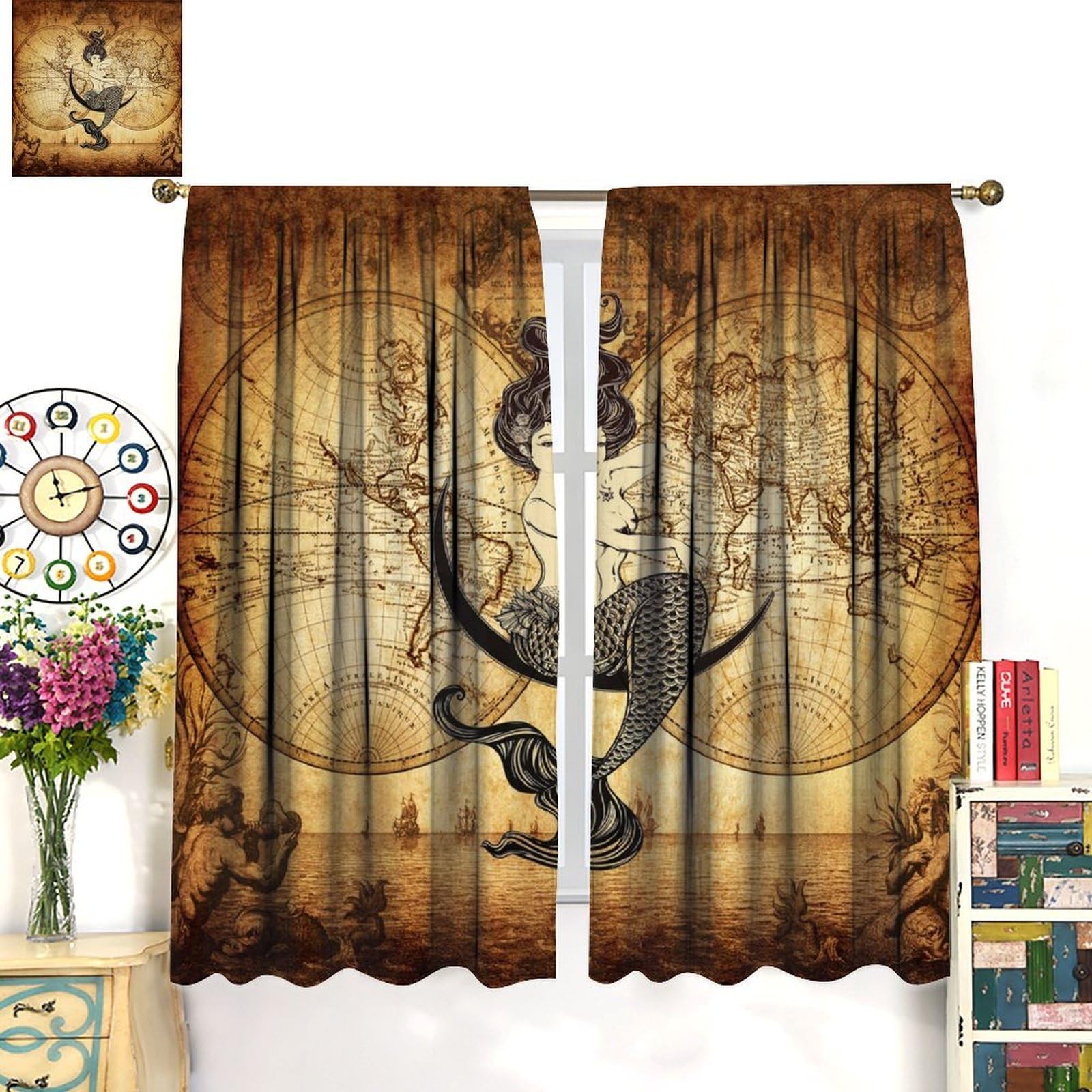 Pirate Map Decor Curtains for Boys,World Treasure Nautical Map Mermaid Pirate…