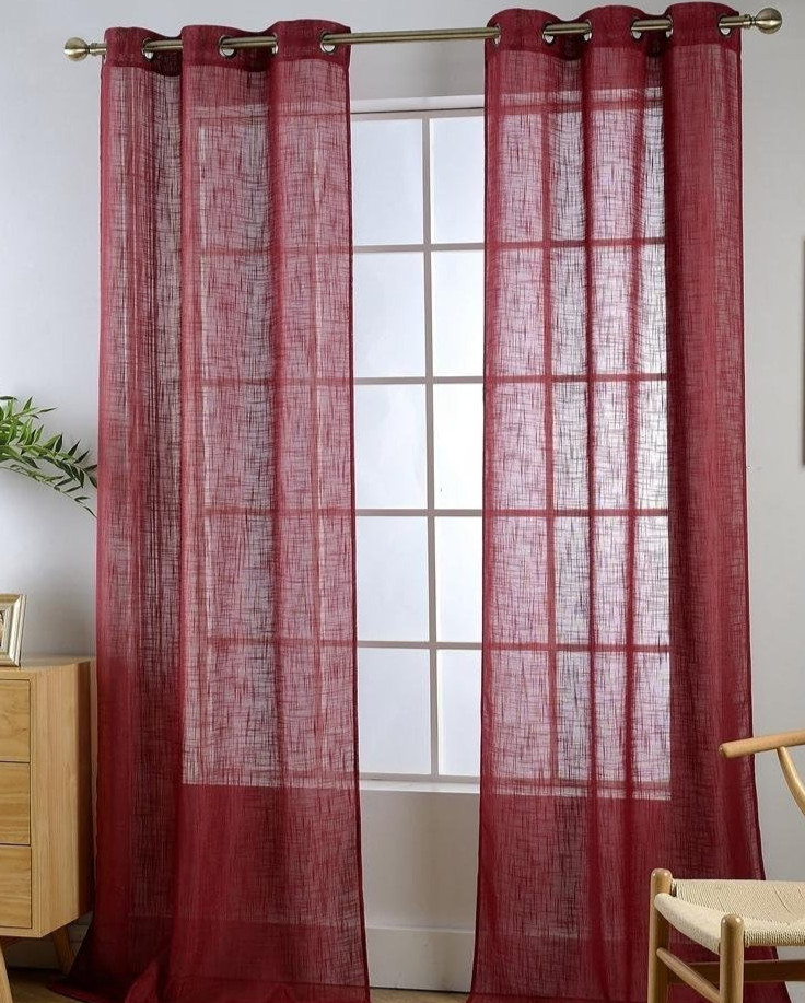 Burgundy Semi Sheer Curtains Poly Linen Textured Solid Grommet 95 Inches Long