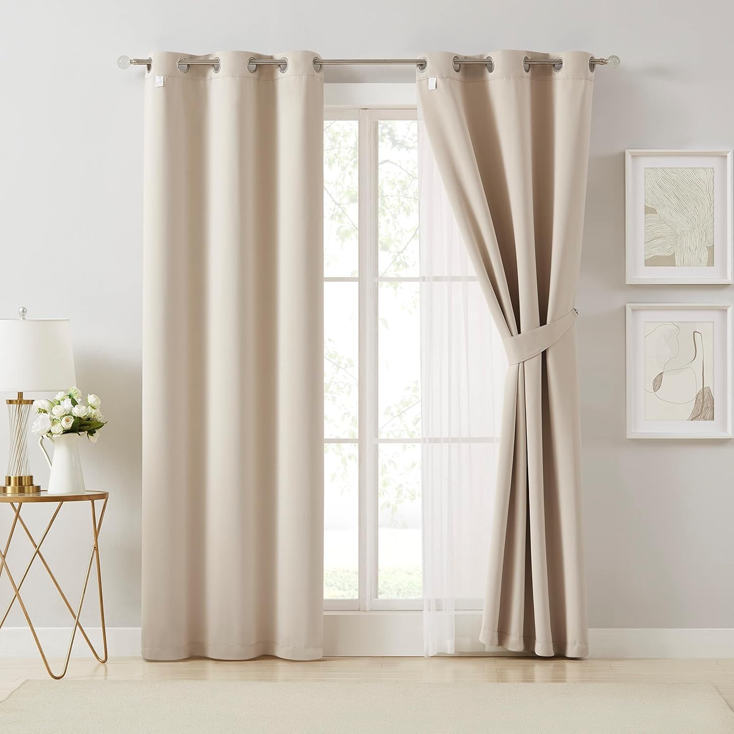 Beige 80% Blackout Curtains W/ Sheer Overlay Mix & Match Double Layer Thermal