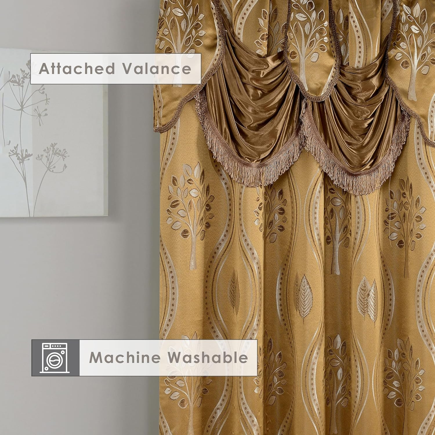 Aurora Jacquard Look Curtain Panel Set with Attached Valance 54″ X 84 Inch (Set