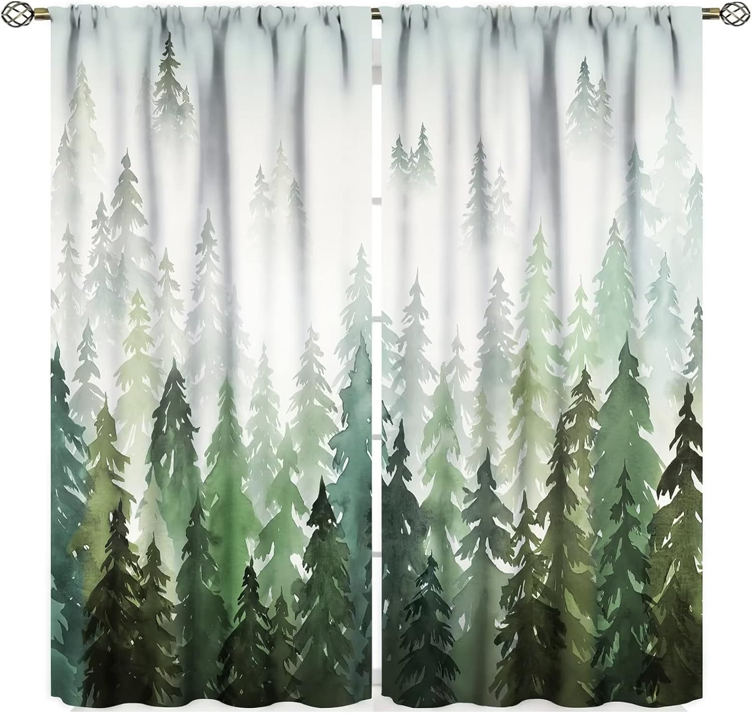 Nature Forest Curtains, Misty Forest Nature Curtains Green Watercolor Woodland P