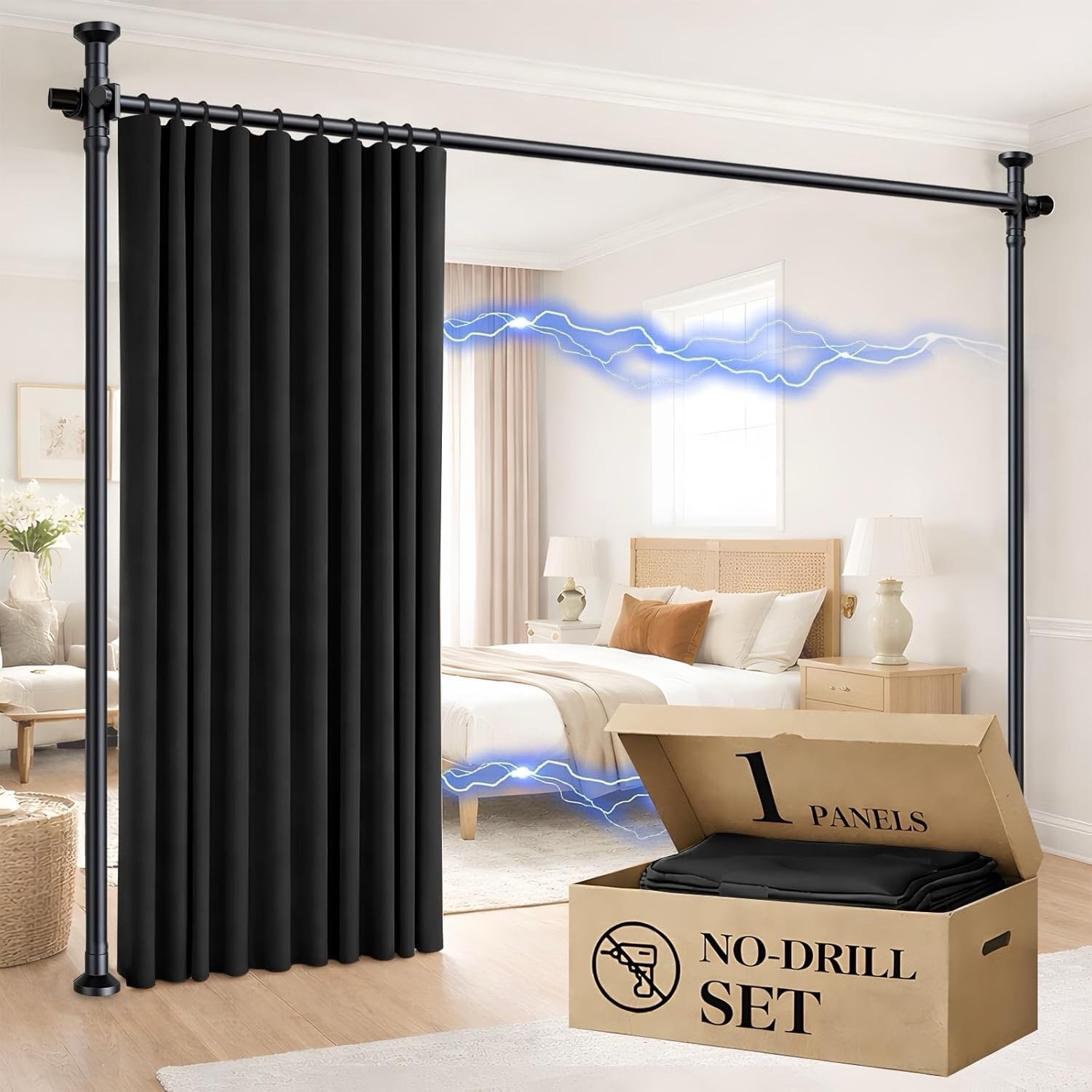 No-Drill Room Divider Curtain Set, 100″W x 84″L, Black, Pack of 1