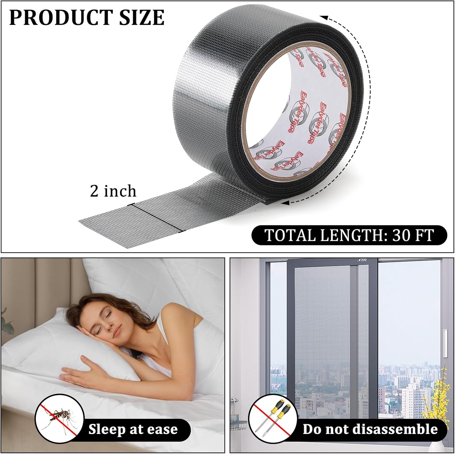 2″ X 30 FT Black Window Screen Repair Tape, Strong Adhesive Fiberglass Mesh