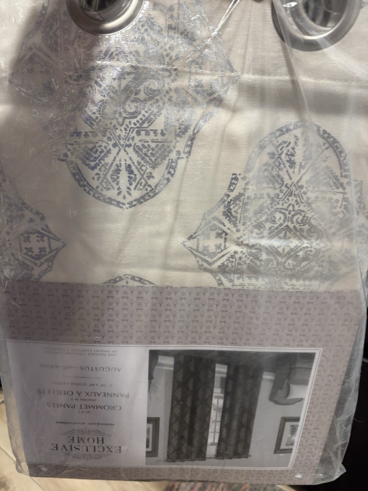 Exclusive Home Augustus Silver Metallic Grommet Off White Curtains 54″x96″ NEW