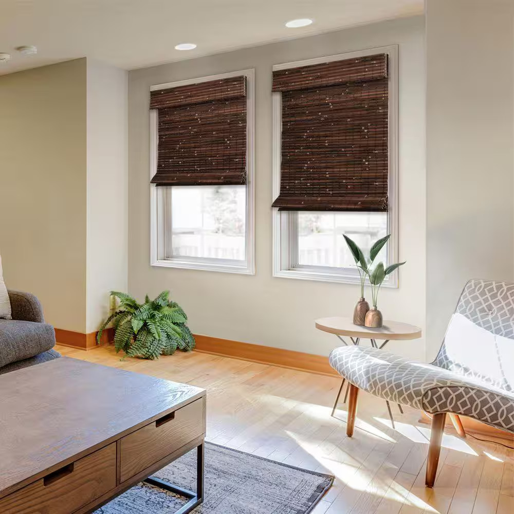 Natural Woven Light Filtering Cordless Bamboo Roman Shades for Windows, 33 In. W