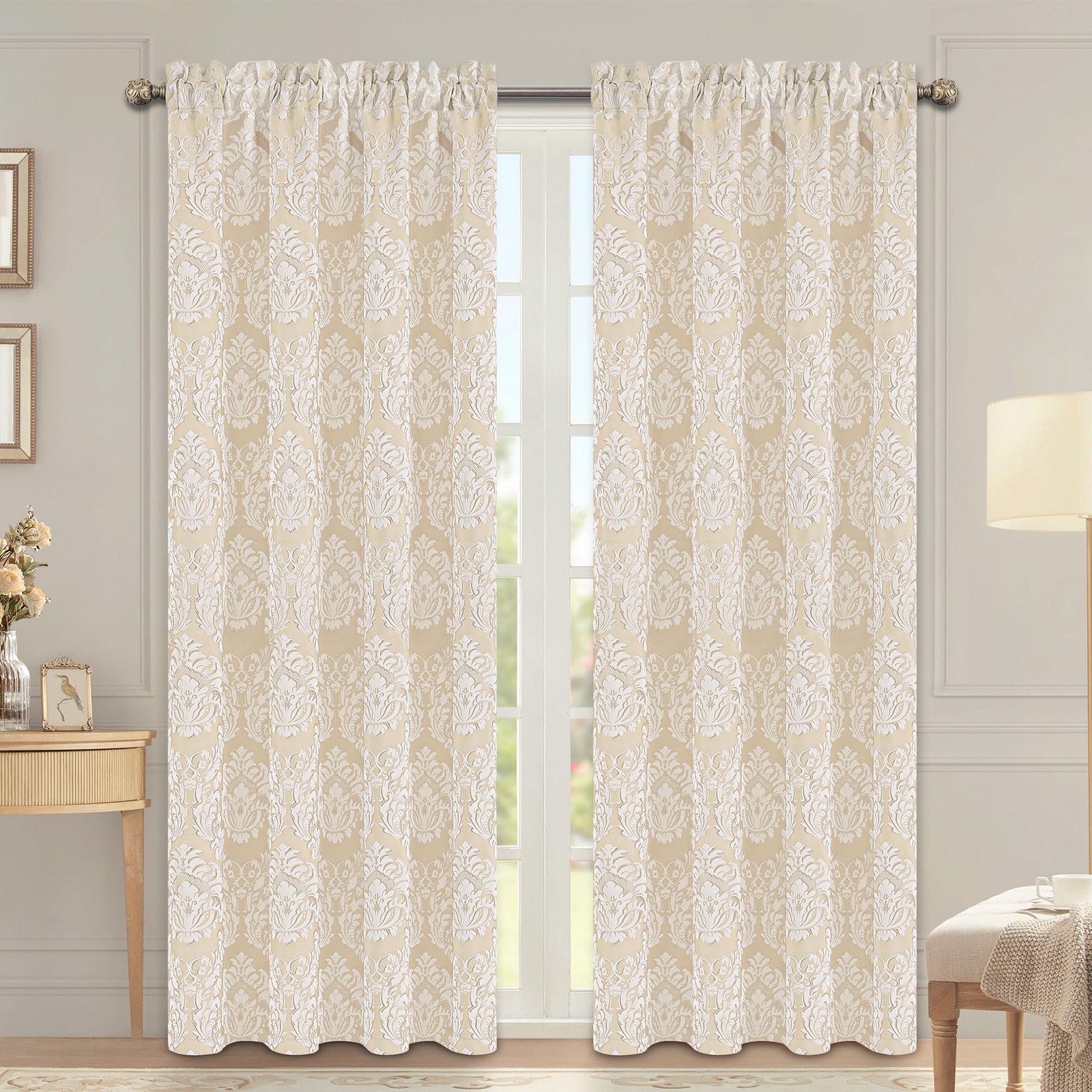 Jacquard Damask Window Curtain Panels for Bedroom Living Room, Beige White Tr…