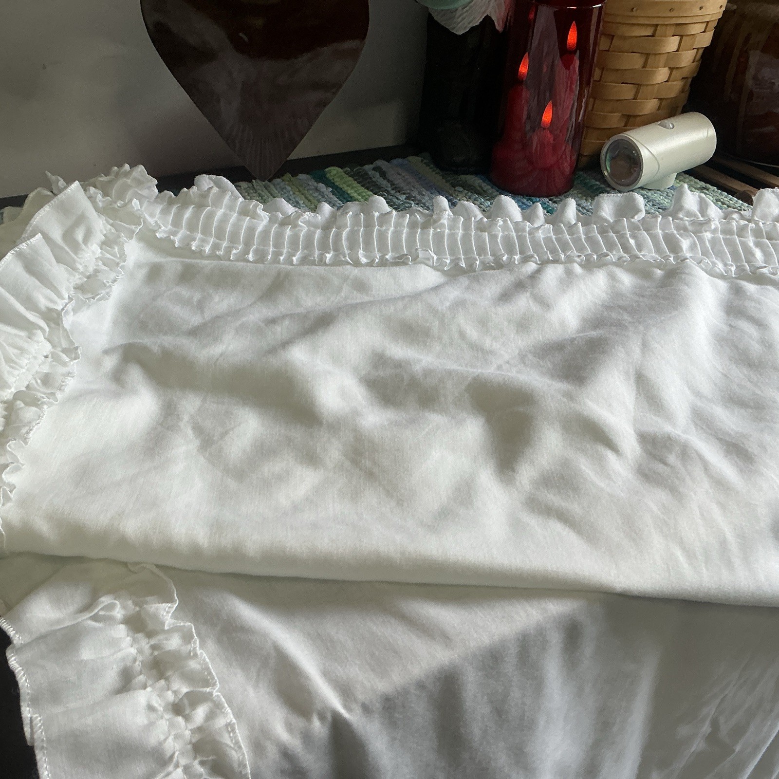 (1 Set + Tiebacks) Vintage White Ruffle Cafe Curtains 28×58” Each A42