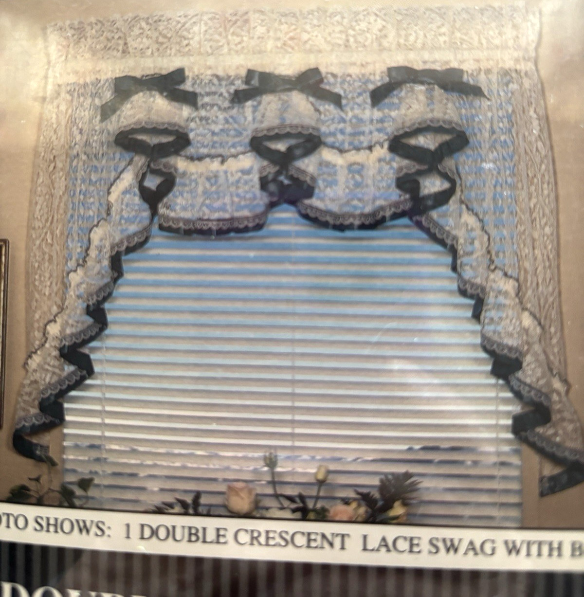 Vtg 1980s Double Crescent Lace Swag LOT of 4 New 80 x 30 Green Satin Lace Bows