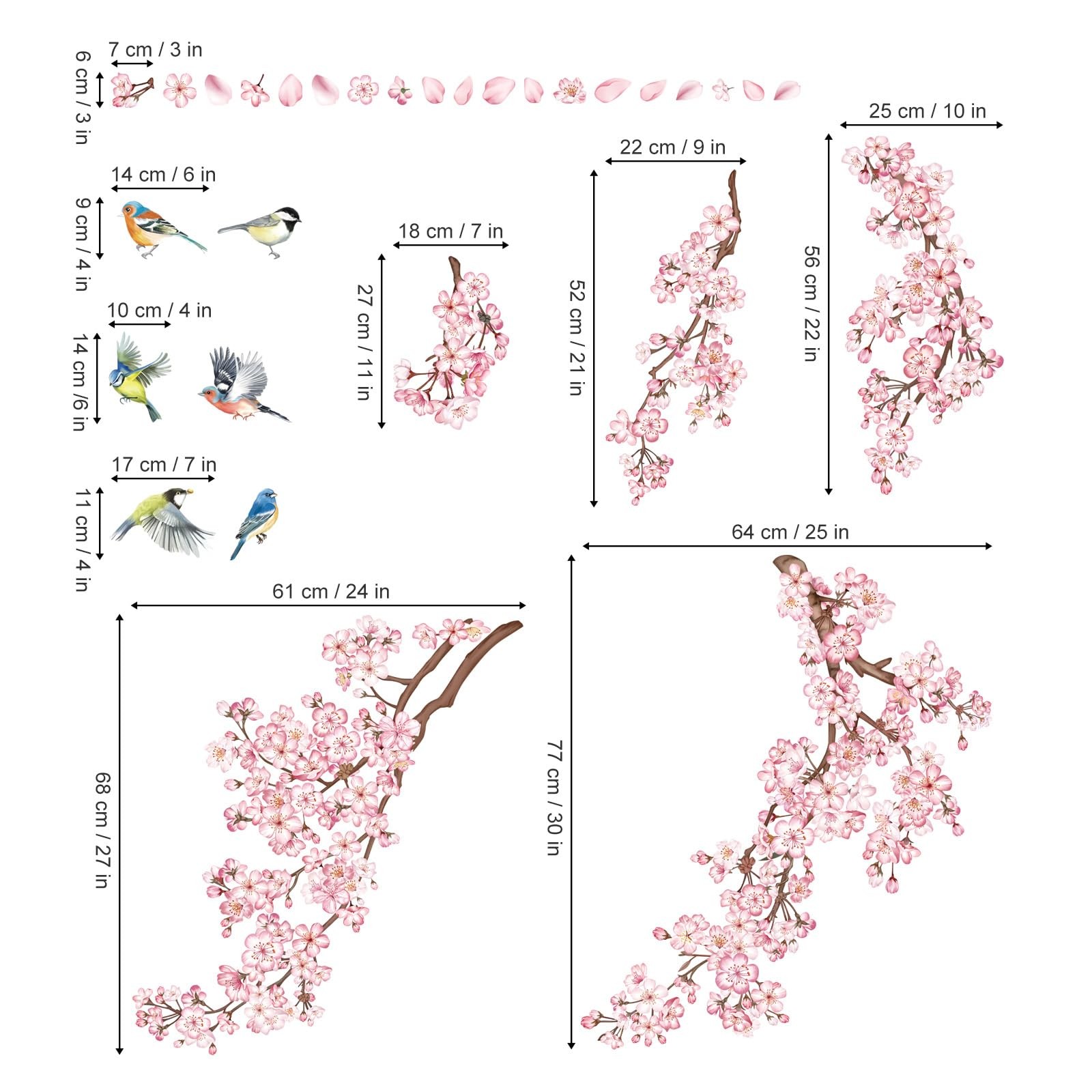 decalmile Large Cherry Blossom Tree Branch Wall Decals Pink Flower Vine