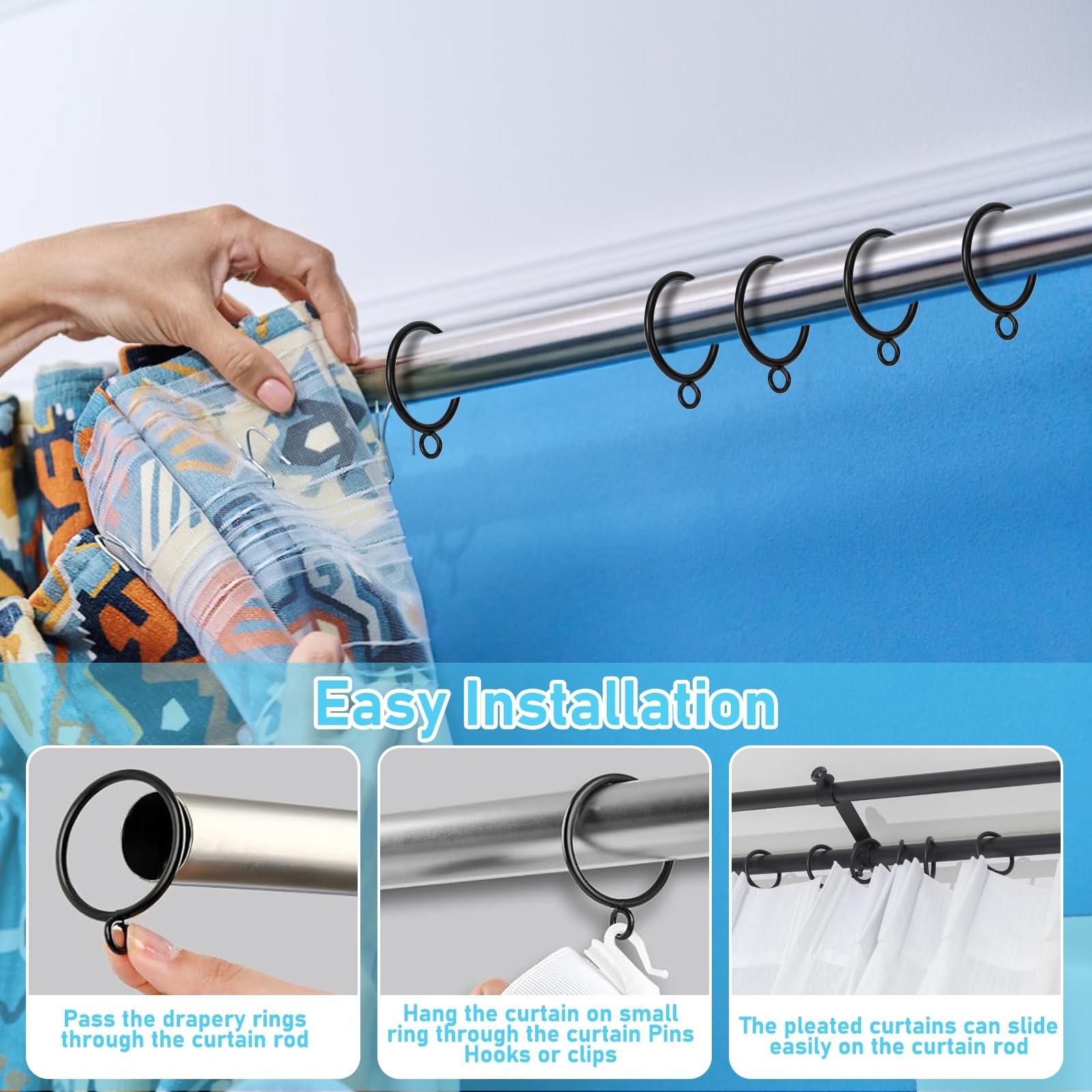 30 Pack Curtain Rings with Eyelets -Black Metal Drapery Hooks for Pinch Pleat…