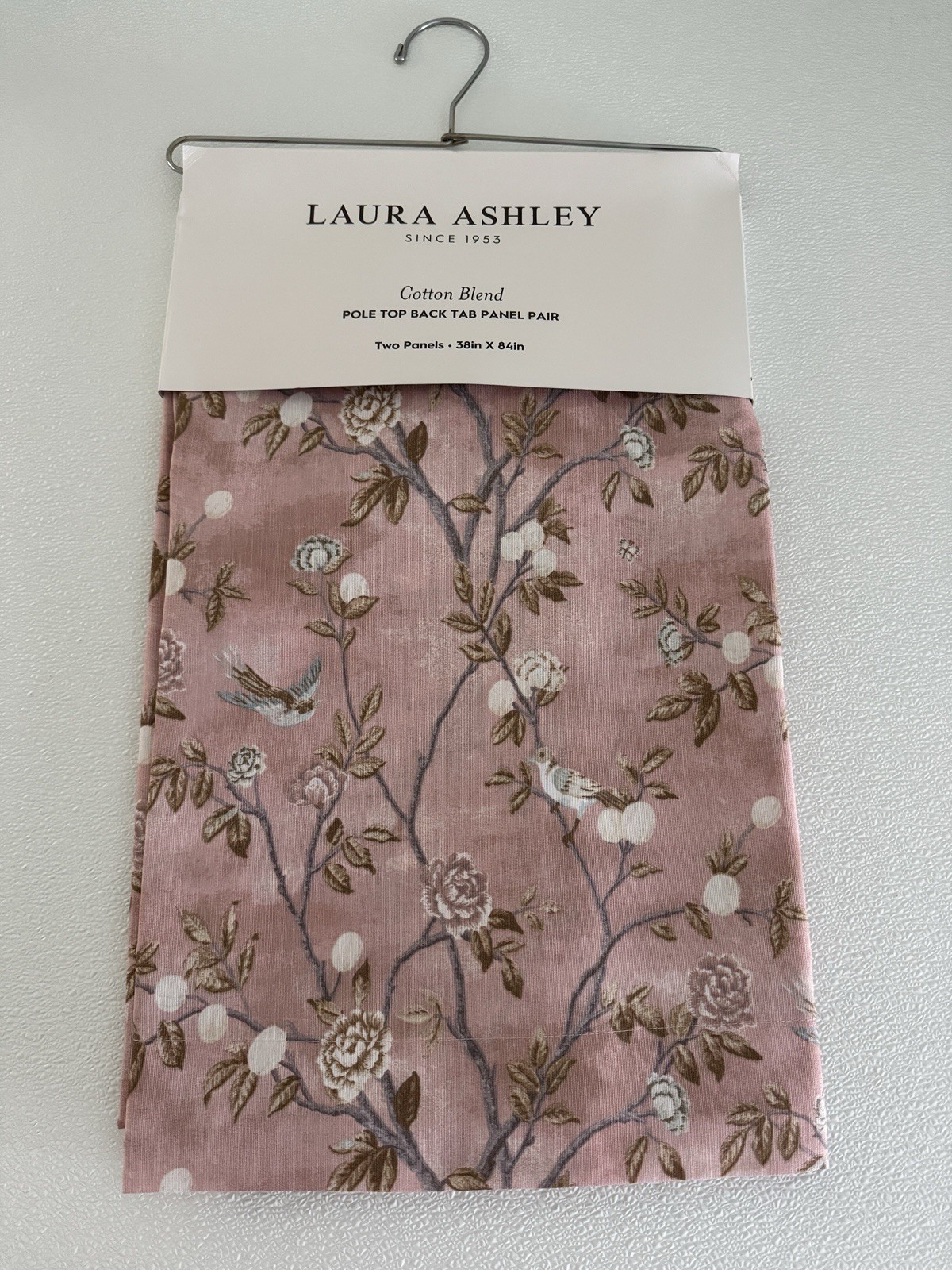NIP Laura Ashley Window Curtains 2 Panels 38 x 84 Birds Rose Pink Brown Back Tab