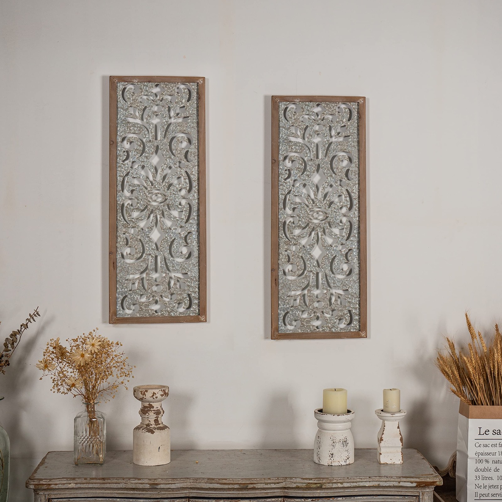 Farmhouse Galvanized Wall Decor, 12″ x 32″, Hanging Window Pane, Wood & Metal…