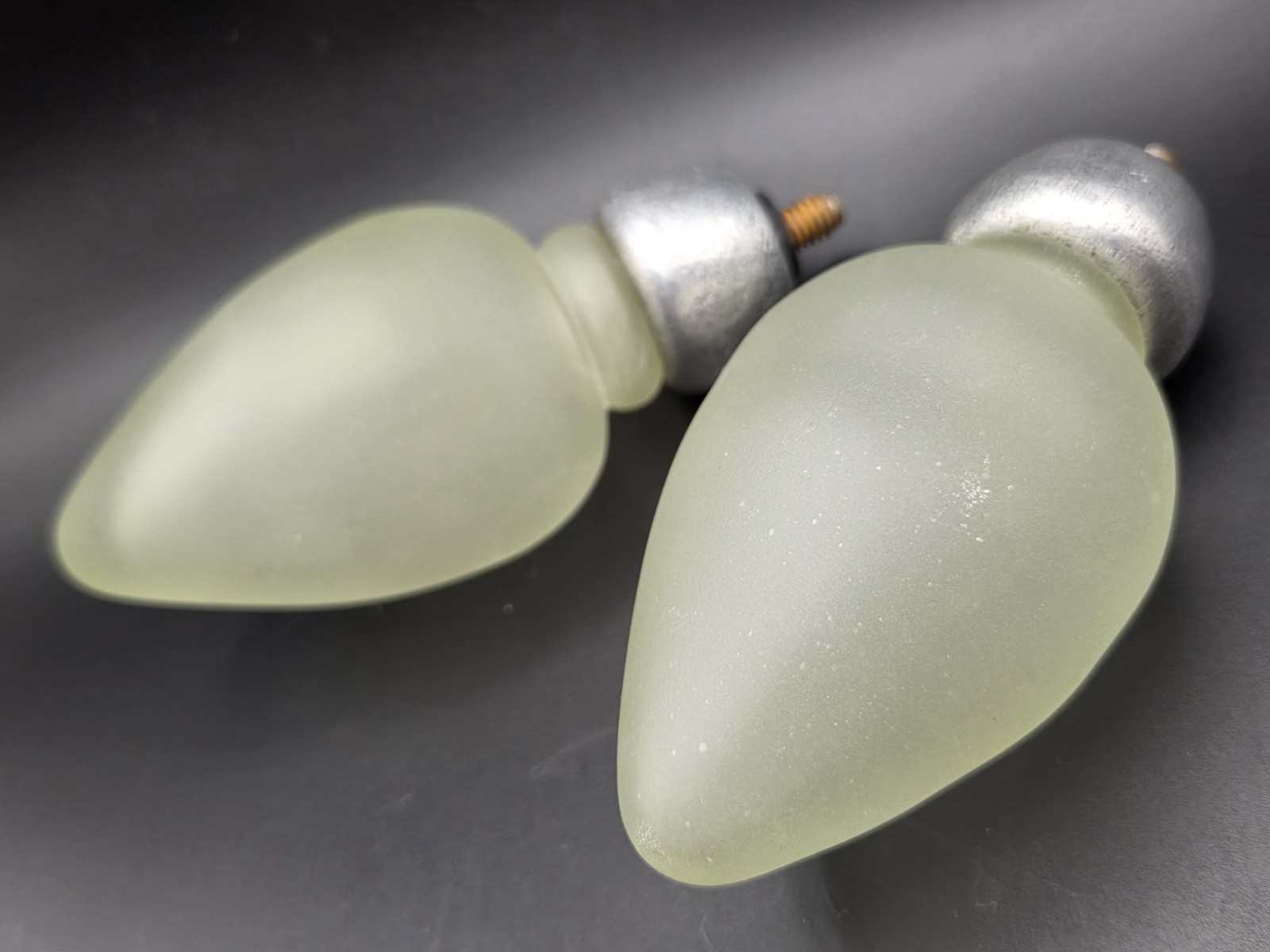 2 Pottery Barn Frosted Green Glass Pewter Style Curtain Rod Finials