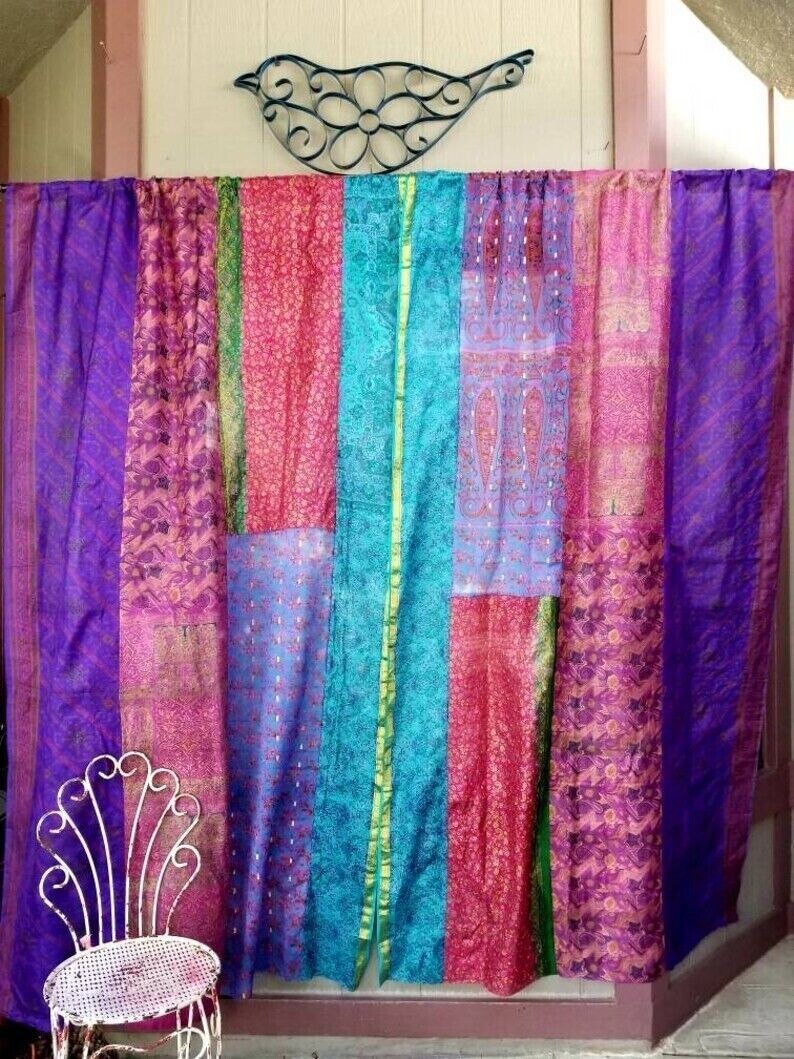 2 Pcs Indian Sari Patchwork Curtain Drape Window Decor Multi Silk Sari Curtain