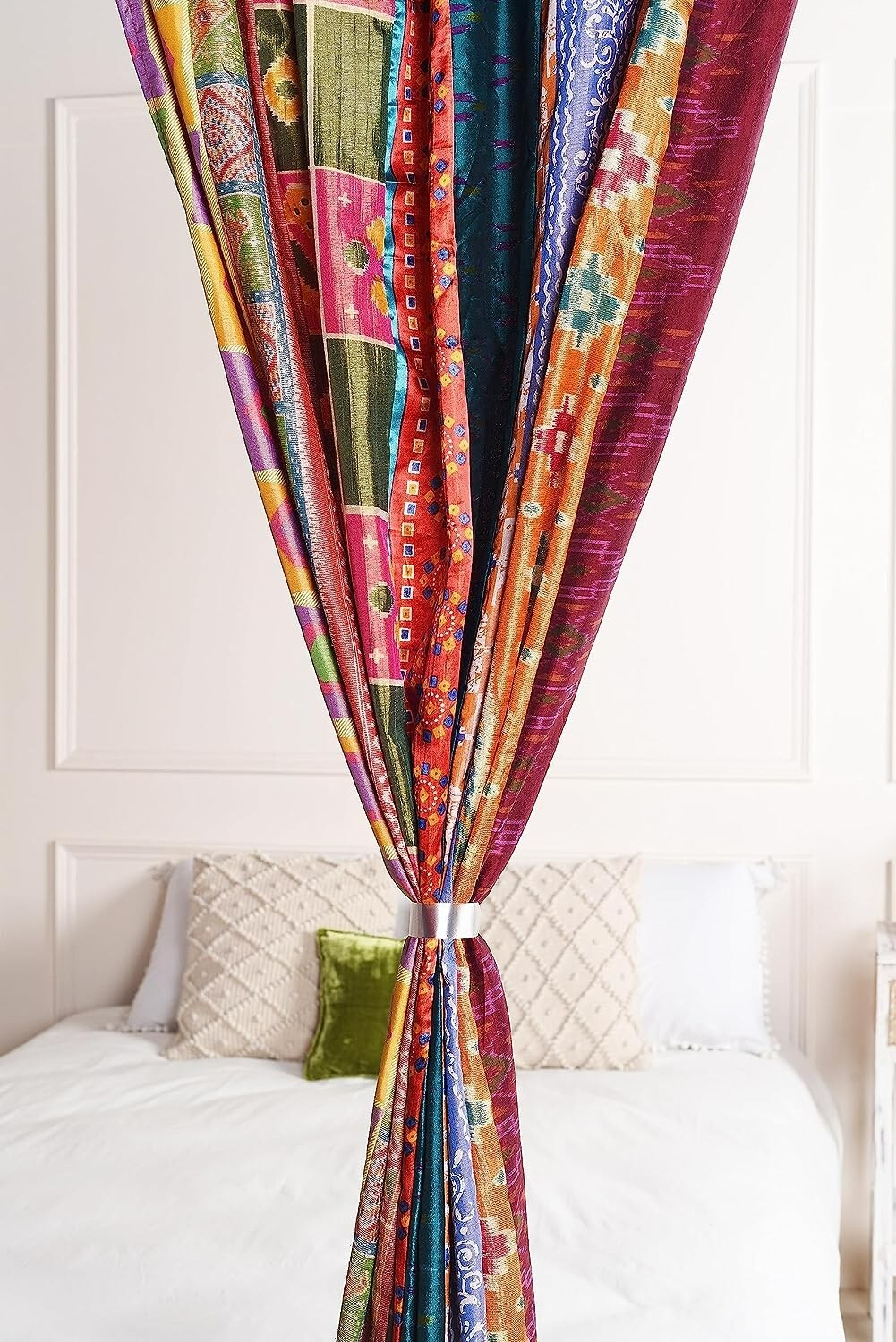 2 Pcs Indian Sari Patchwork Curtain Drape Window Decor Multi Silk Sari Curtain