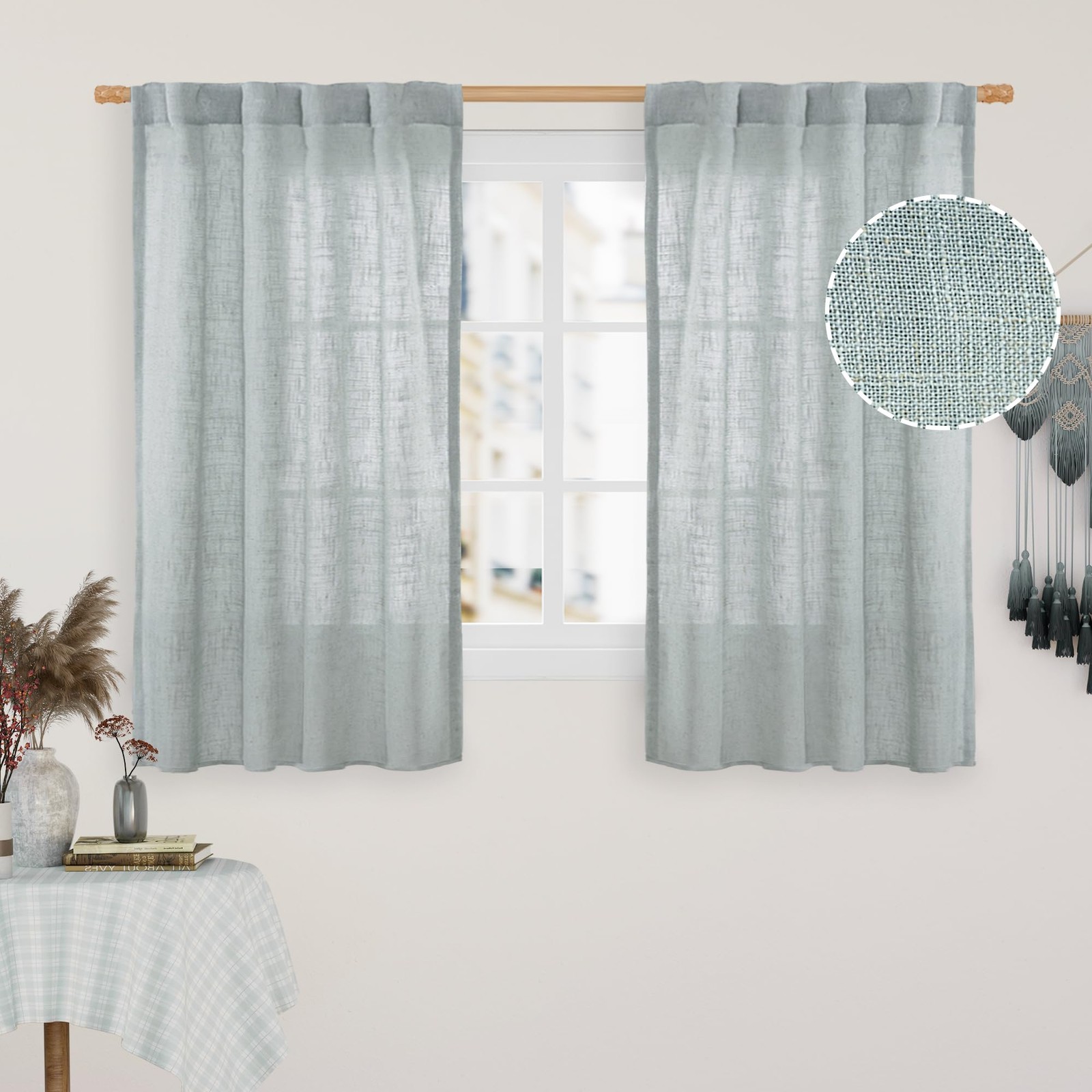 LAMIT Semi Sheer Linen Curtains 48 Inch Length, Light Filtering Panels Back Tab