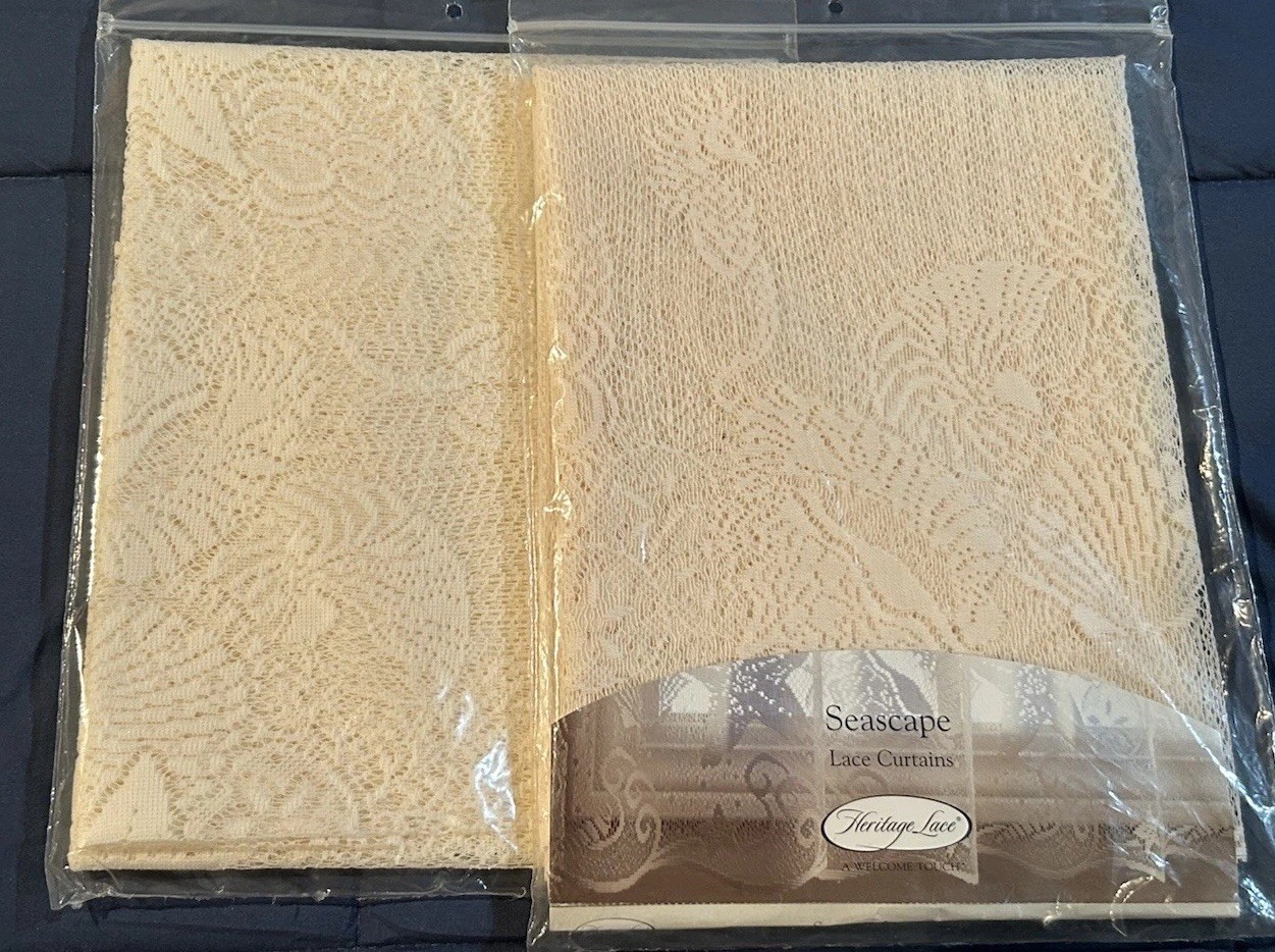 Heritage Lace Curtains Set: Seascape : 60×24 Tier, 60×14 Valance ..Ecru.. New