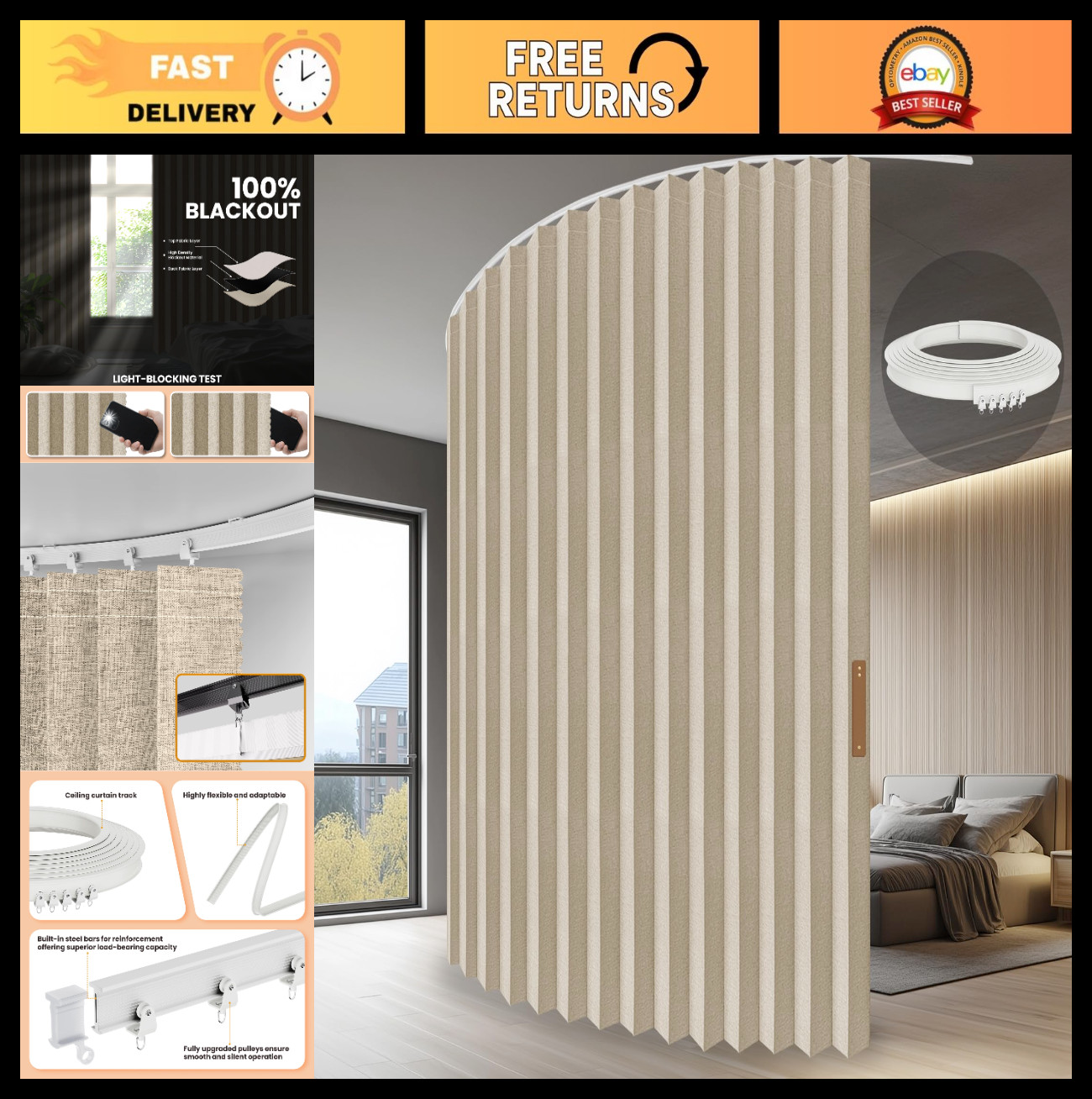 Retractable Accordion Room Divider Curtain with Ceiling Track – 100” W x 84” L