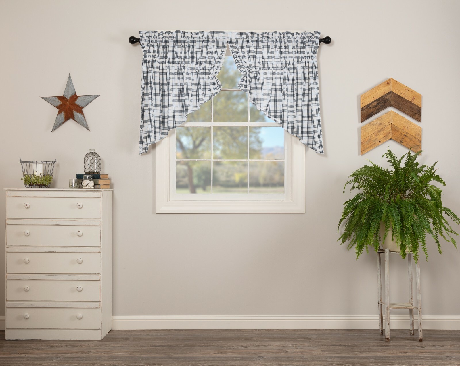 36″ L Drawstring Prairie Swag Set Denim Blue & White Farmhouse Plaid Sawyer Mill