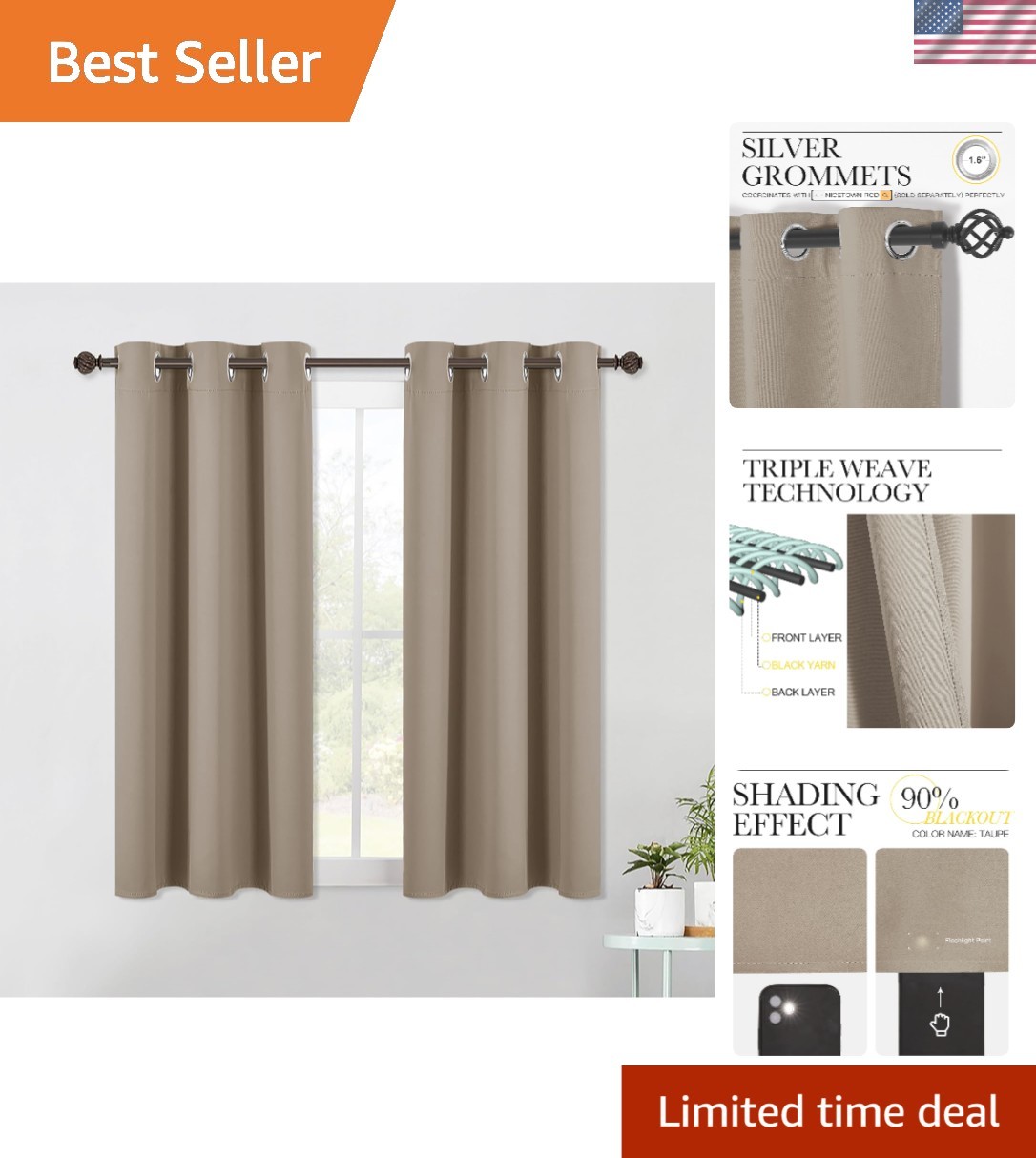 Thermal Insulated Taupe Blackout Drapes, 42×40 inches – 2 Panel Set for Bedrooms
