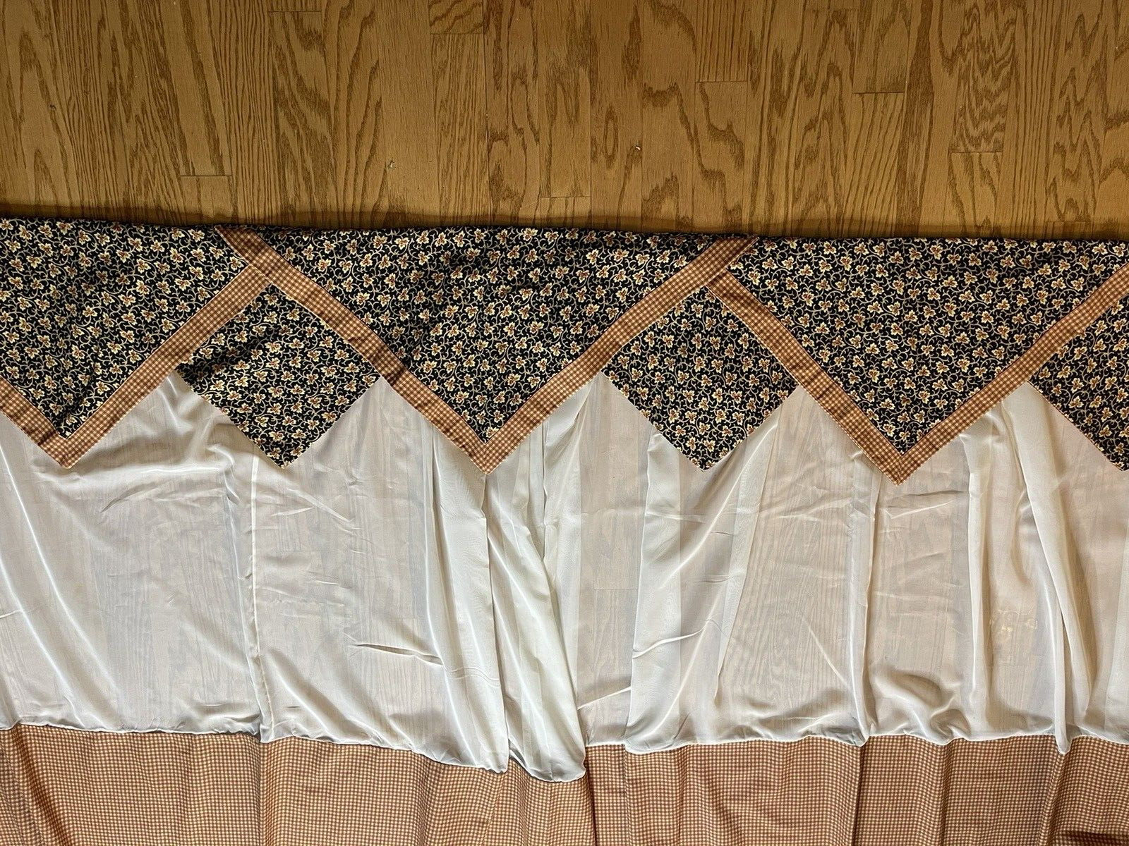 Vtg Custom Valance (96″ W) & 2 Panels (73″W) Black Floral Orange Check GORGEOUS!