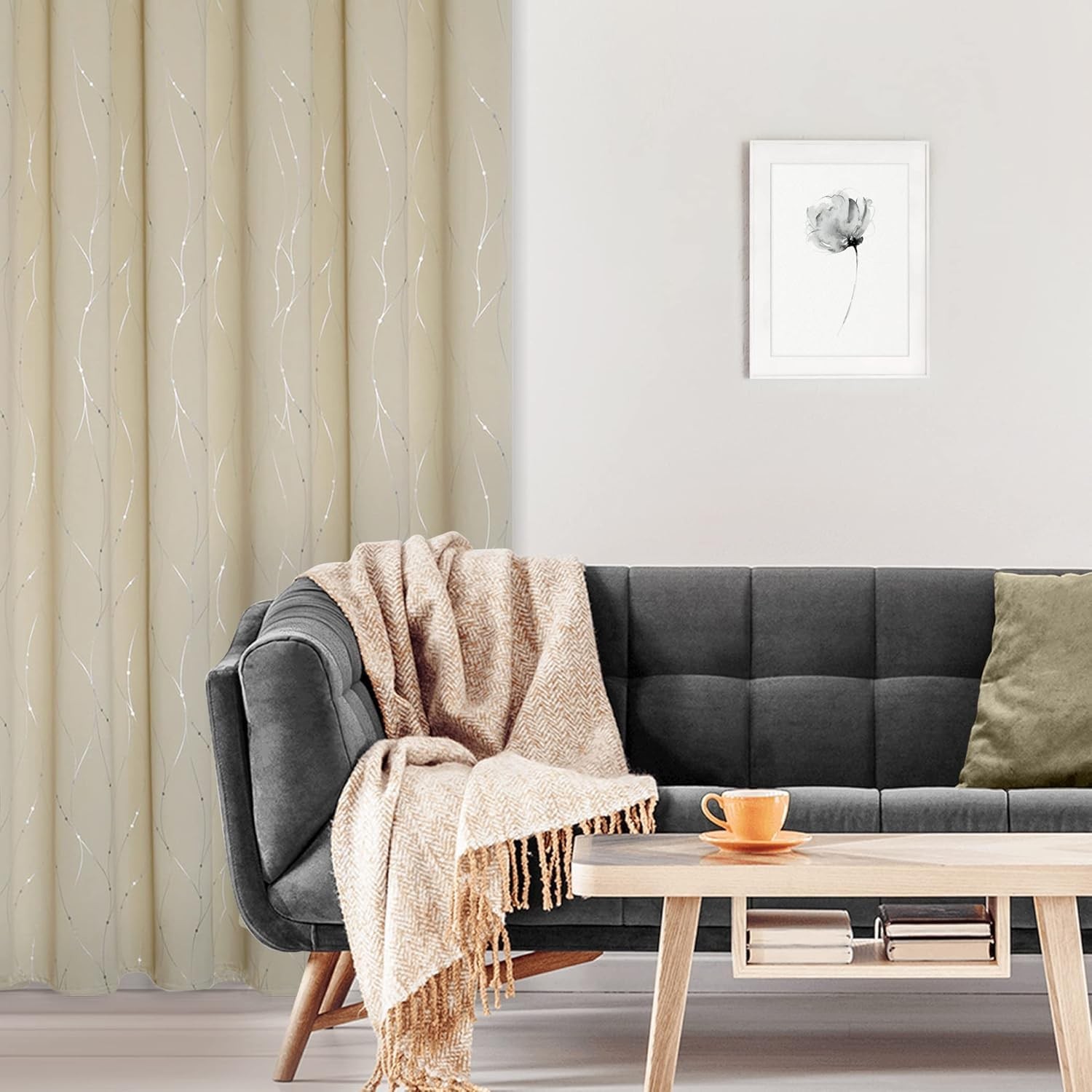 BUHUA Window Treatment Panels DXY 33W×72L Beige Grommet Wave Line Print 1 PANEL