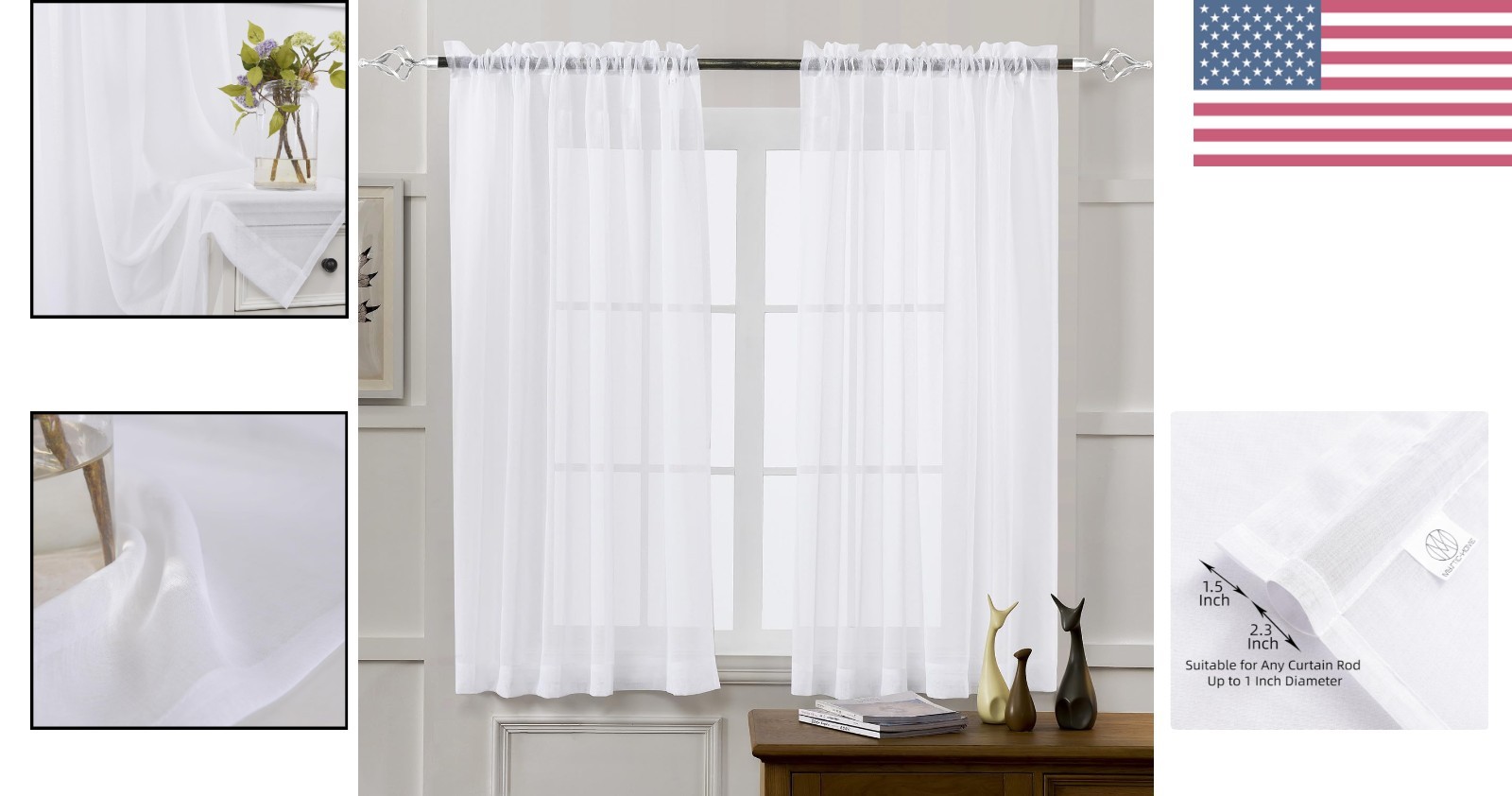 Contemporary White Sheer Curtains 63″ – Semi-Crinkle Rod Pocket Drapes, Set of 2