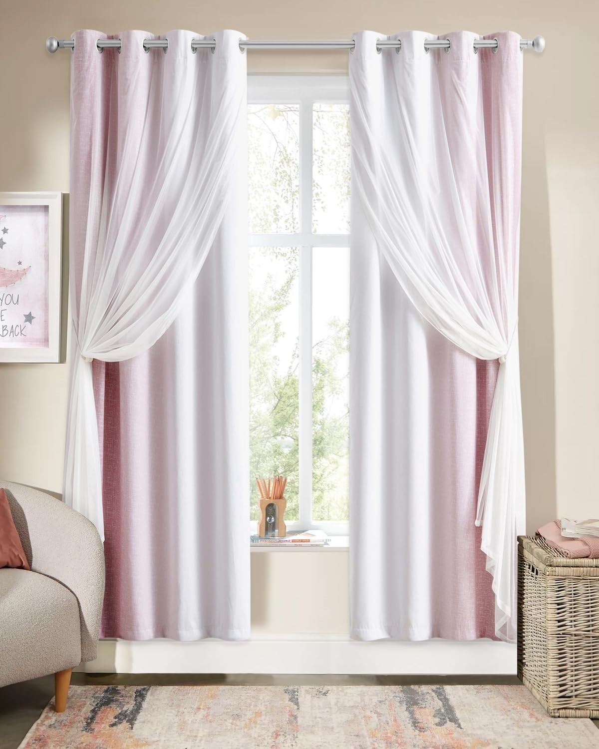 100% Blackout Curtains with Sheer Overlay, 72″ Double Layer Drapes, 2 Panels, Pi