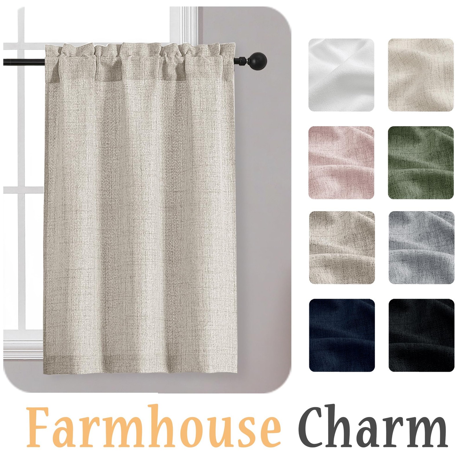 Linen Cafe Curtains 36 Inch Length 2 Panels Set, Light Filtering Textured Short