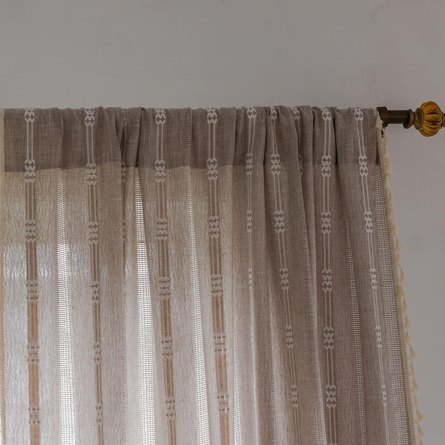 Linen Curtains 63 Inch Length 2 Panels for Living Room Embroidery Khaki Boho