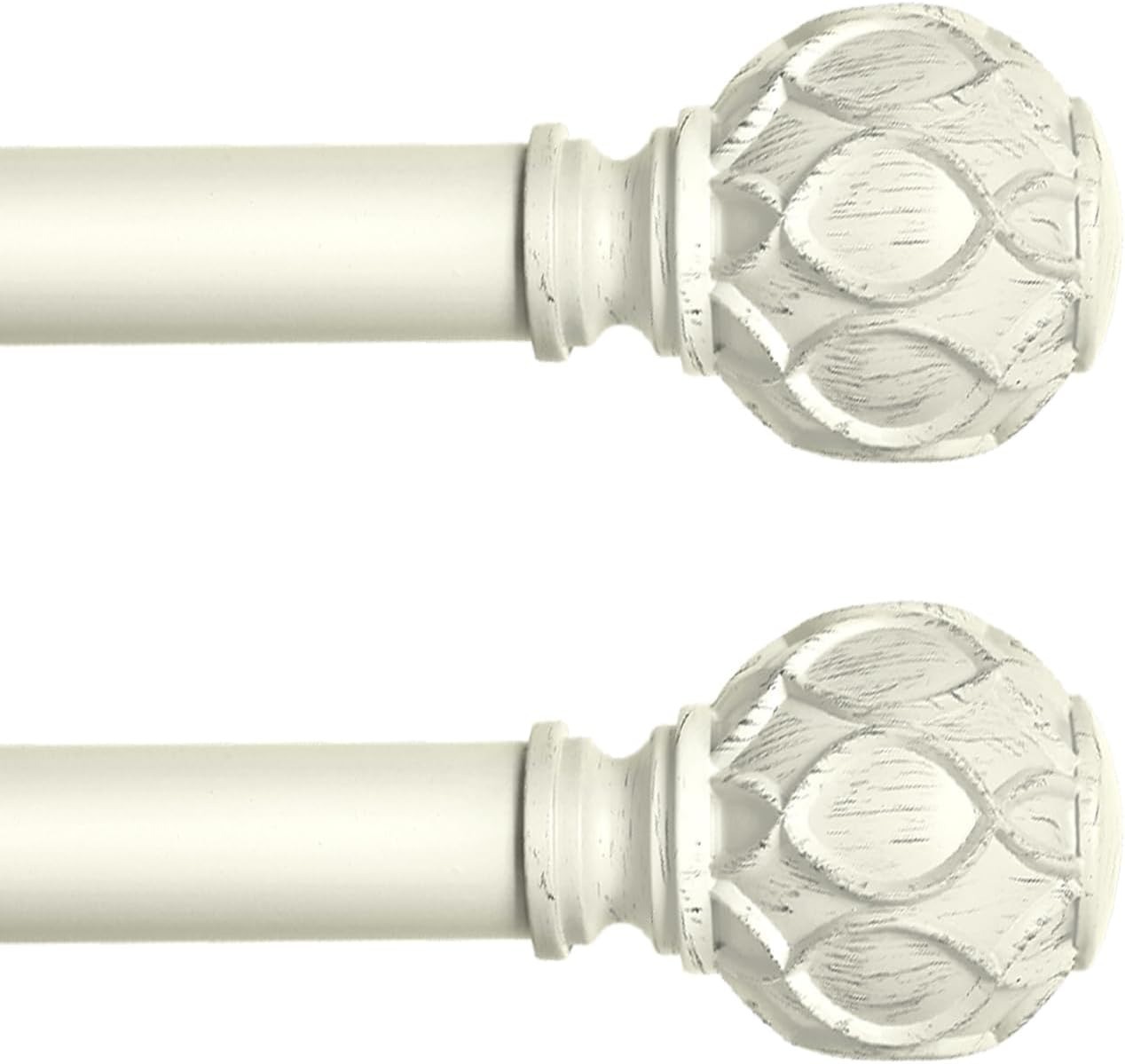 2PK White Curtain Rod 36″-88″ Adjustable Heavy Duty Boho Drapery Rod w/ Finials