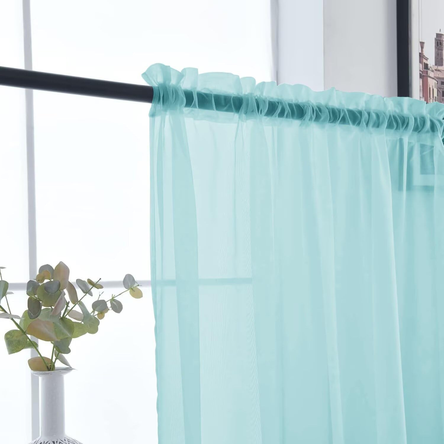 Basic Rod Pocket Sheer Voile Window Curtain Panels Sky Blue 1 Pair 2 Panels 52 W
