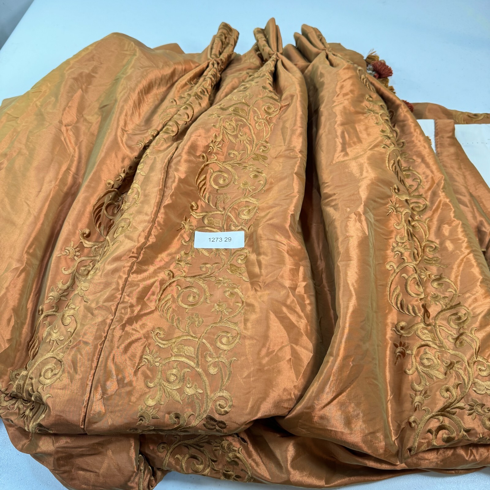 custom pinch pleat drape curtain panel brown damask floral beaded edge