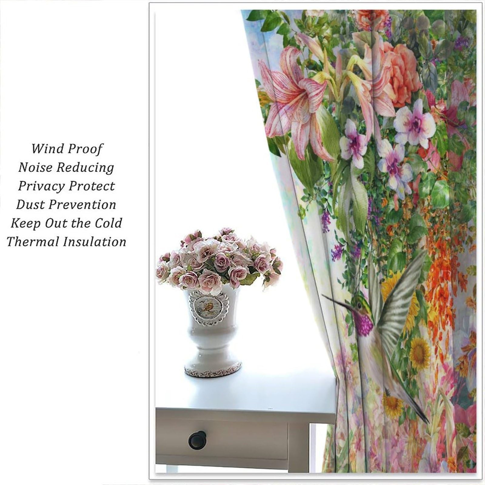 Hummingbird Spring Floral Curtains,Watercolor Pink Flower Plant Butterfly Hum…