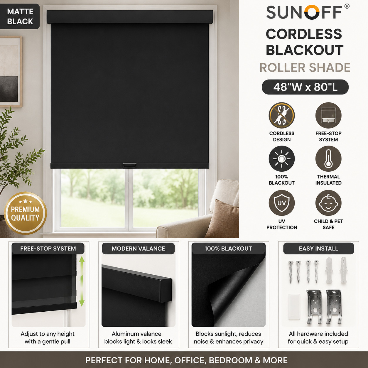 SUNOFF Cordless Blackout Roller Shade Blind 48×80 Matte Black Free Stop