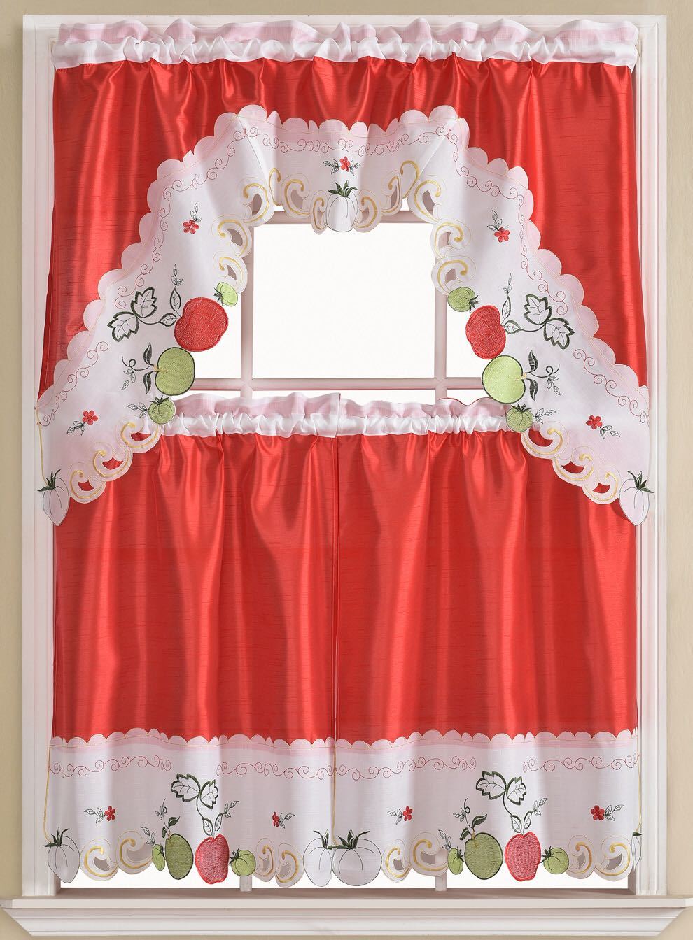 Kitchen Curtains 3 Pc. Set with Attached Valance Tier and Swag Set Red Brown