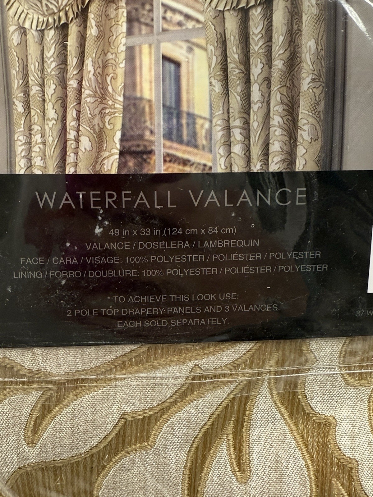 J Queen waterfall valance Aurelia 49” x 33” Gold New In Package