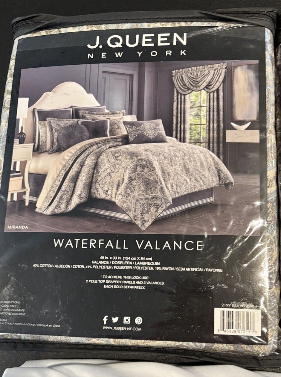 J. Queen New York Miranda Waterfall Valance 49”x 33” NEW In Pkg., Grey & Blue