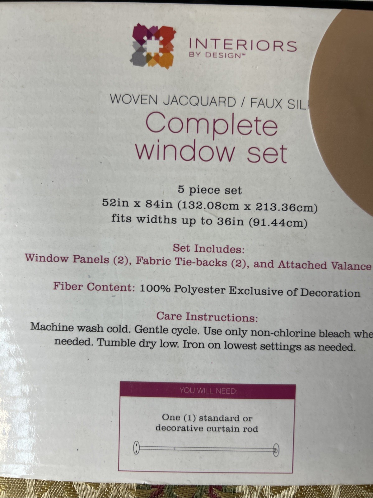 5 piece Window Set 2 window panels 2 tie-backs 1 Valance burgandy Gold 84″…