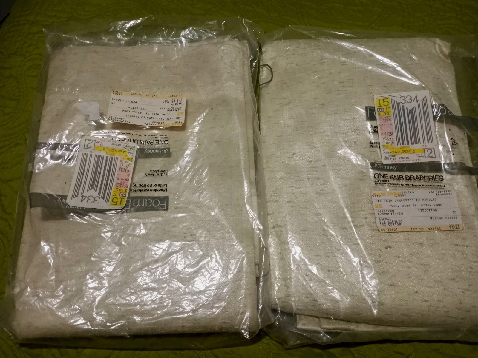 2 Pair~JCPenney MCM Pinch Pleat Drapes~75″W X 45″L & 50″W X 45″L ~Geneva Almond