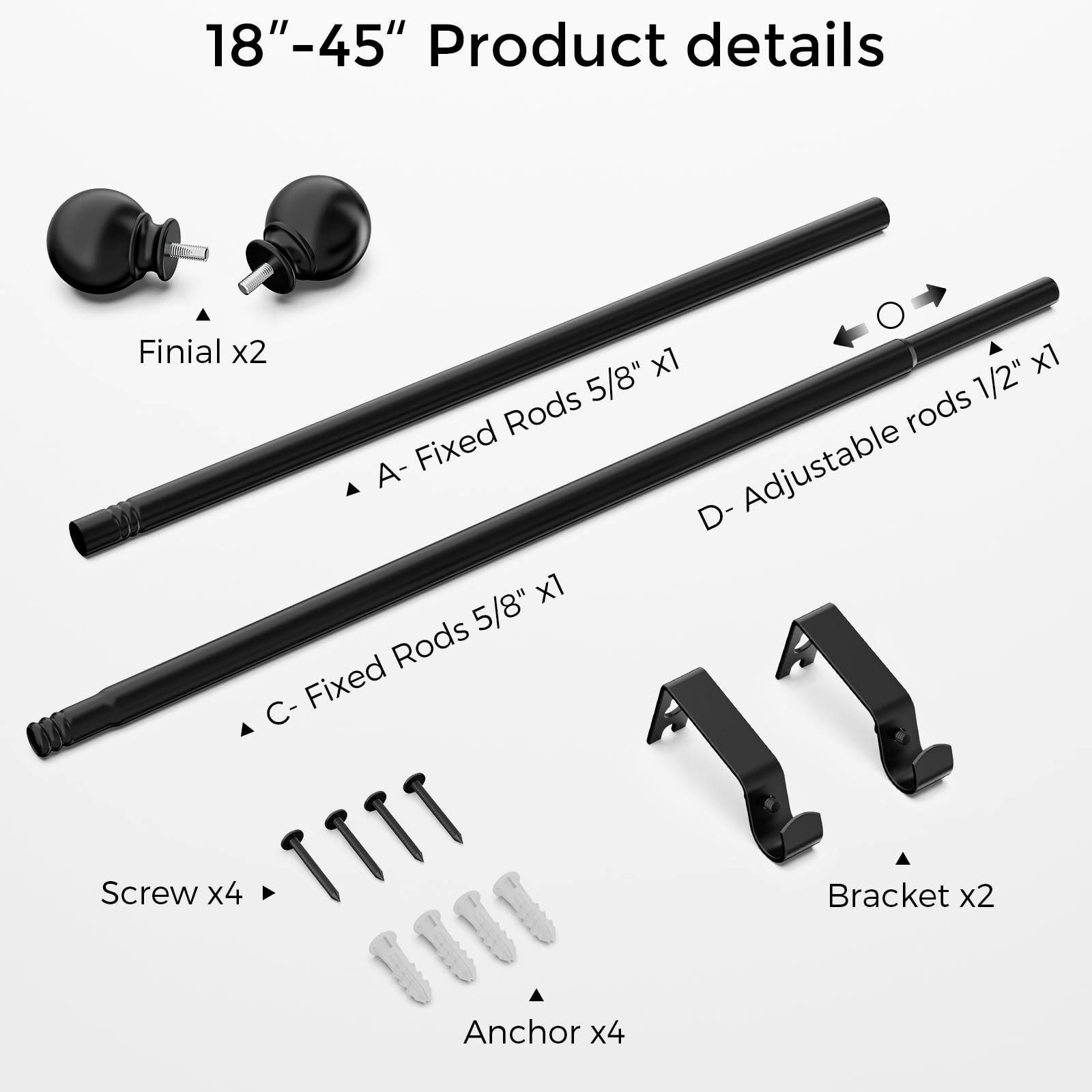 Curtain Rod for Windows 1845 Inch, Black 5/8 Inch Small Window Treatment Rods…