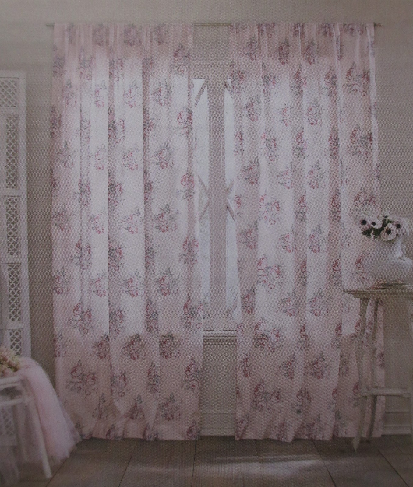 Simply Shabby Chic Pink Voile Cabbage Rose Floral Panels Curtains Drapes Pair