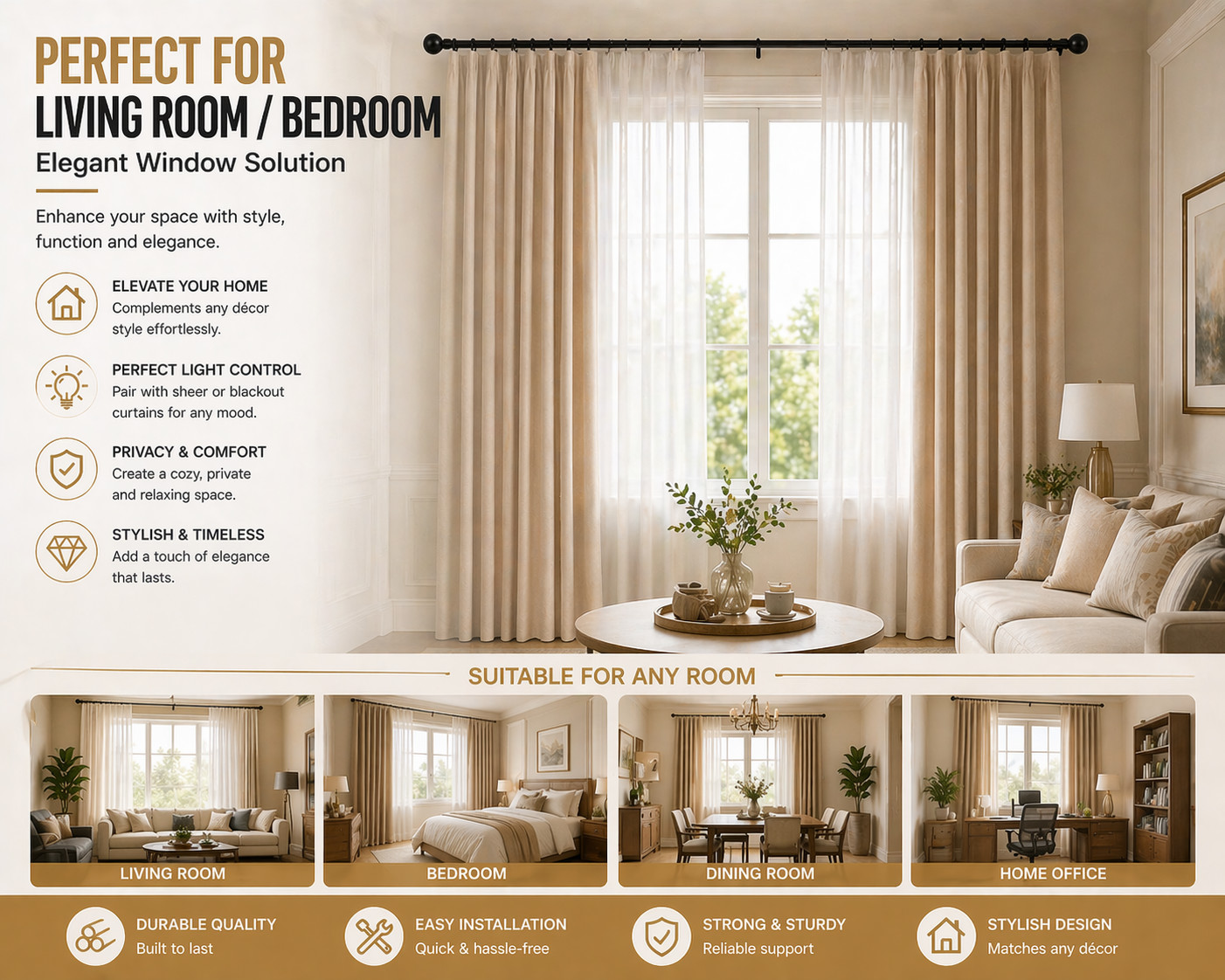 Custom Curtain Rod for Windows–Adjustable Decorative Drapery Rod–Factory Direct