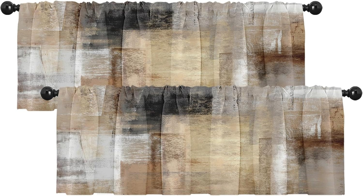 2 Pack Valances Window Treatments, Brown Abstract Modern Art Blackout Drapes Adj